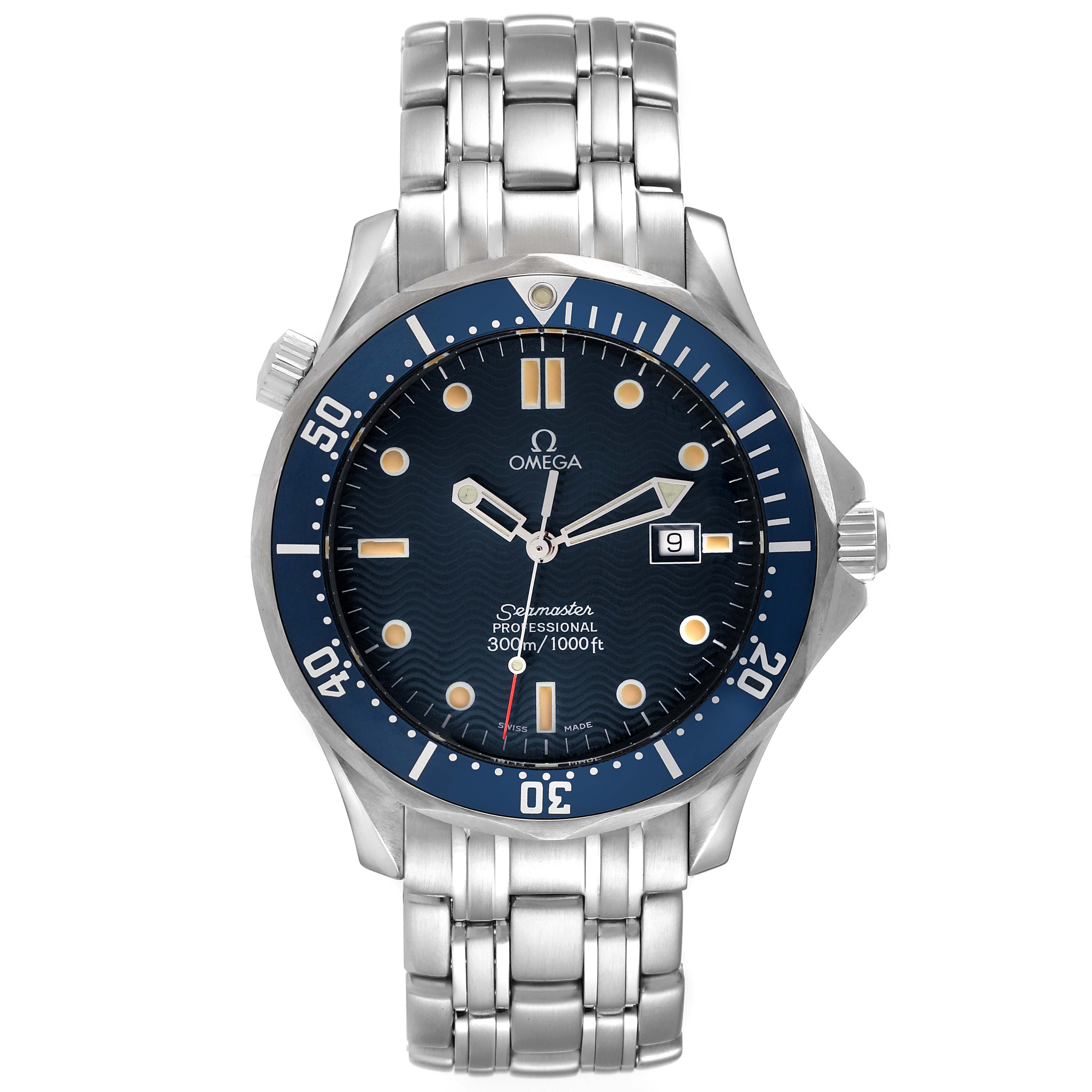 The Omega Seamaster 2541.80.00 Men's Stainless Steel Blue Dial 2541.80.00 Men's Stainless Steel Blue Dial watch is shown from the front, displaying the face, bezel, and metal bracelet.