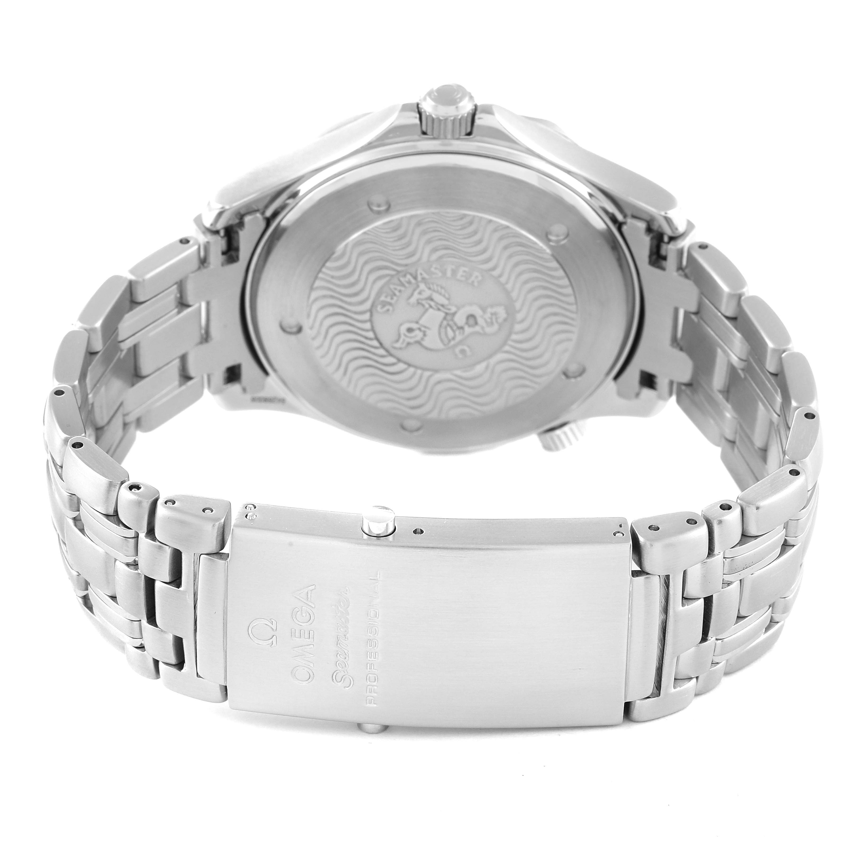 The image shows the back case and bracelet of the Omega Seamaster 2541.80.00 Men's Stainless Steel Blue Dial 2541.80.00 Men's Stainless Steel Blue Dial watch.