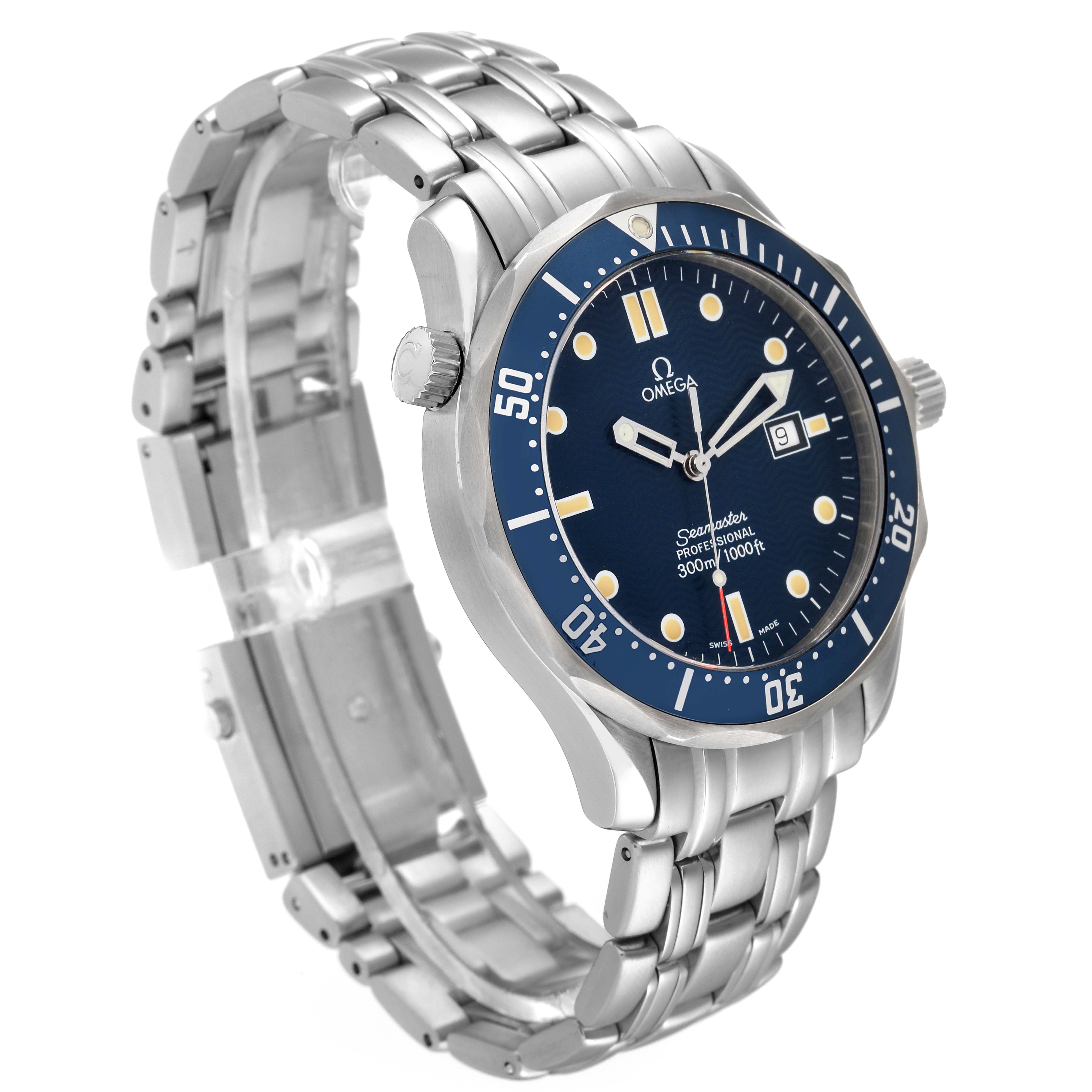 The Omega Seamaster 2541.80.00 Men's Stainless Steel Blue Dial 2541.80.00 Men's Stainless Steel Blue Dial watch is shown at an angle highlighting the face, bezel, and stainless steel bracelet.