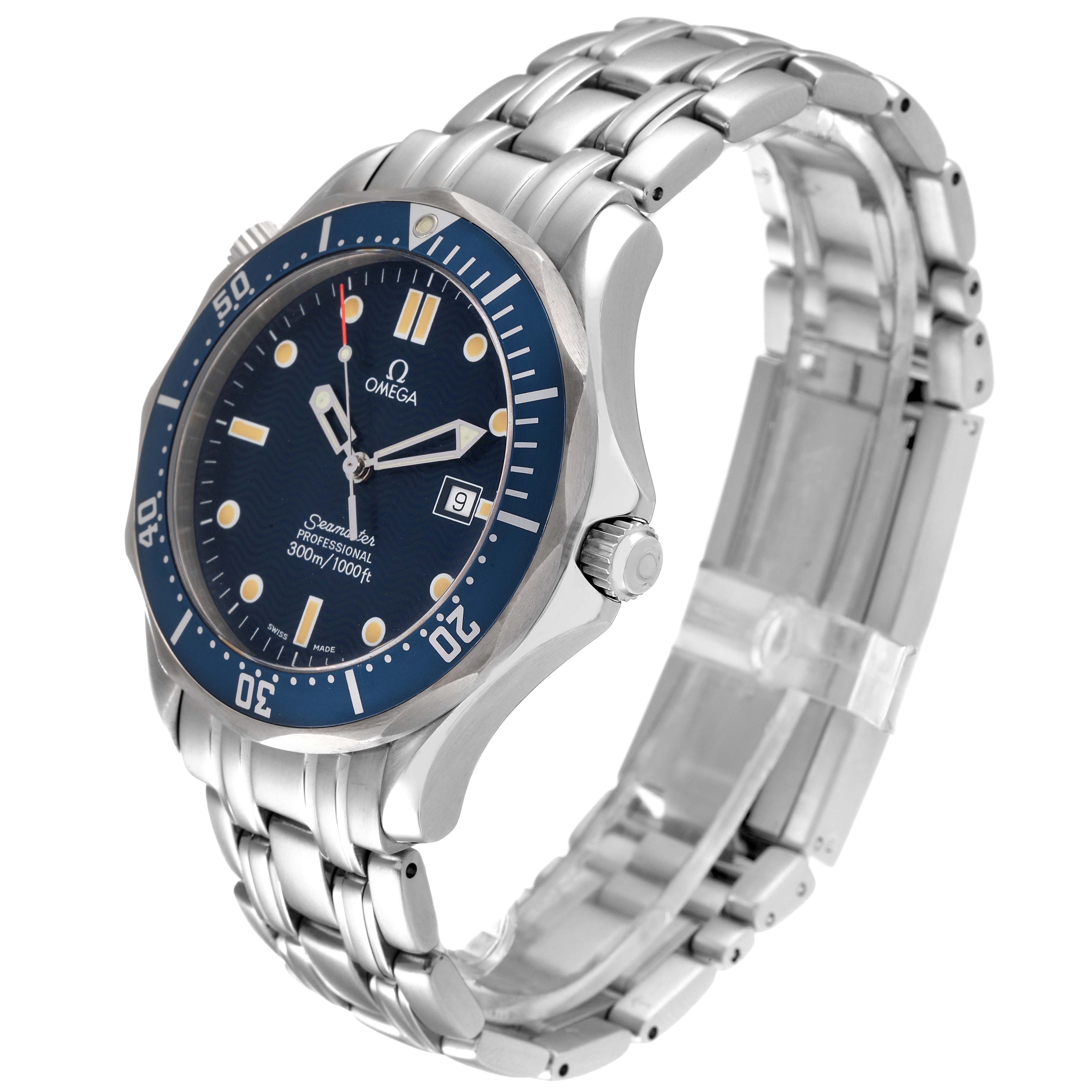 This image shows a side-angle view of an Omega Seamaster 2541.80.00 Men's Stainless Steel Blue Dial 2541.80.00 Men's Stainless Steel Blue Dial watch, highlighting its bracelet, bezel, crown, and dial.