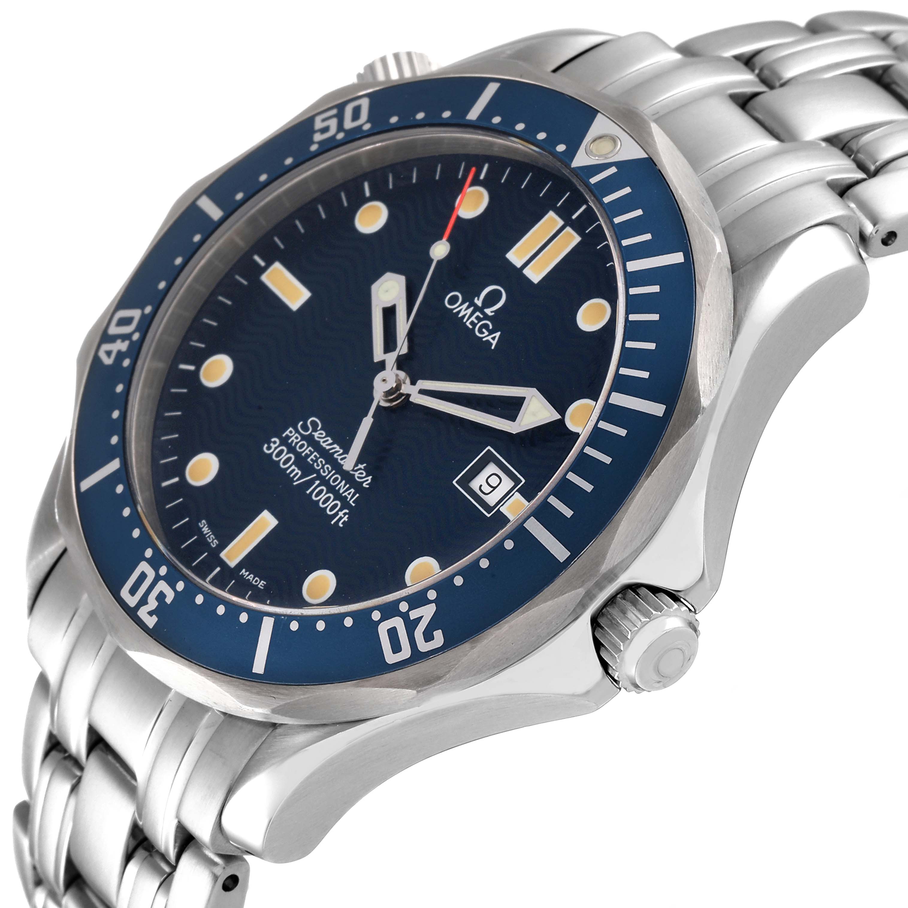 The Omega Seamaster 2541.80.00 Men's Stainless Steel Blue Dial 2541.80.00 Men's Stainless Steel Blue Dial watch is shown at an angle highlighting the dial, bezel, crown, and part of the bracelet.
