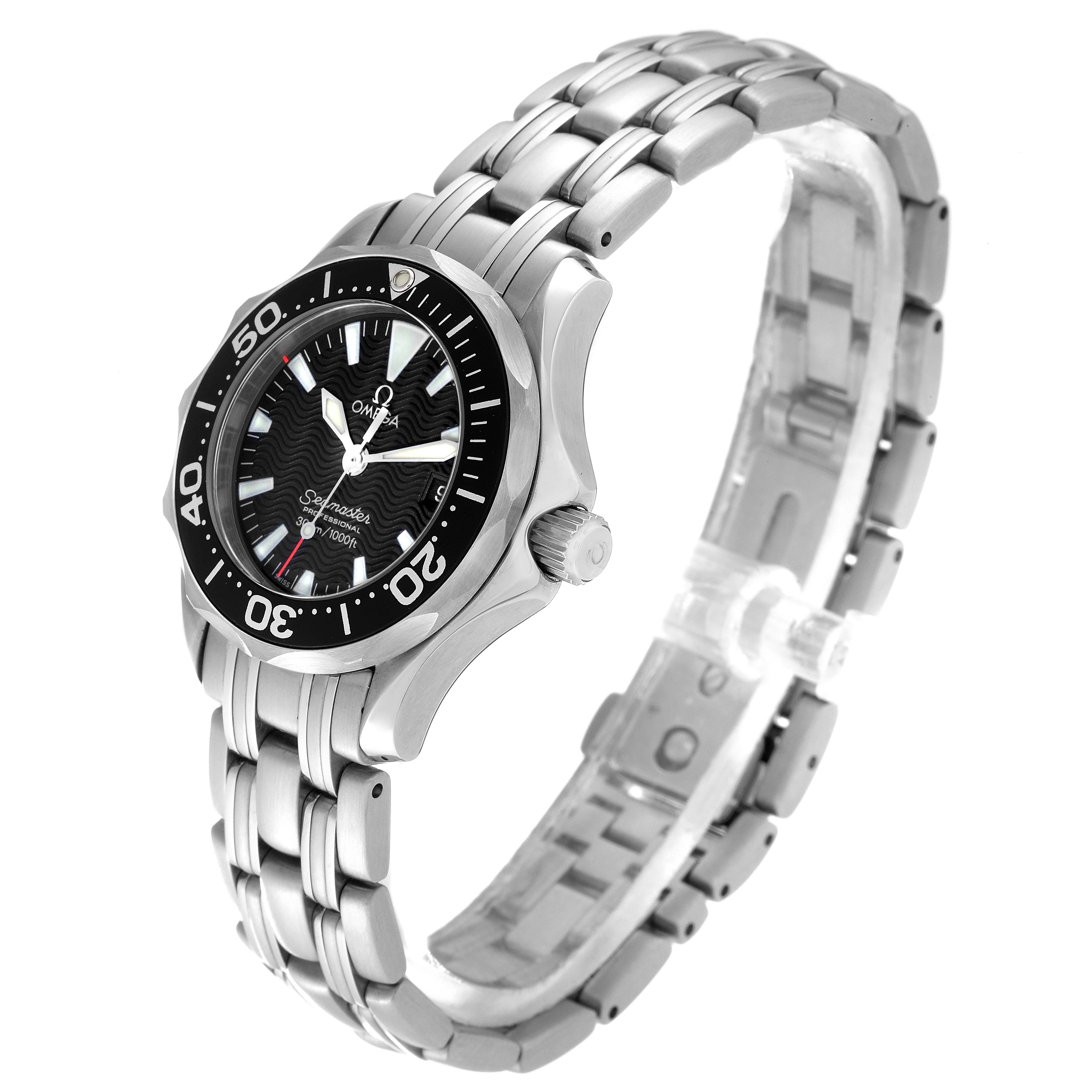 The image shows a side and angled view of the Omega 2282.50.00 Women's Stainless Steel Black Dial 2282.50.00 Women's Stainless Steel Black Dial Seamaster Diver 300M Quartz 28mm Steel Ladies Watch 2282.50.00, displaying the bezel, dial, and bracelet.