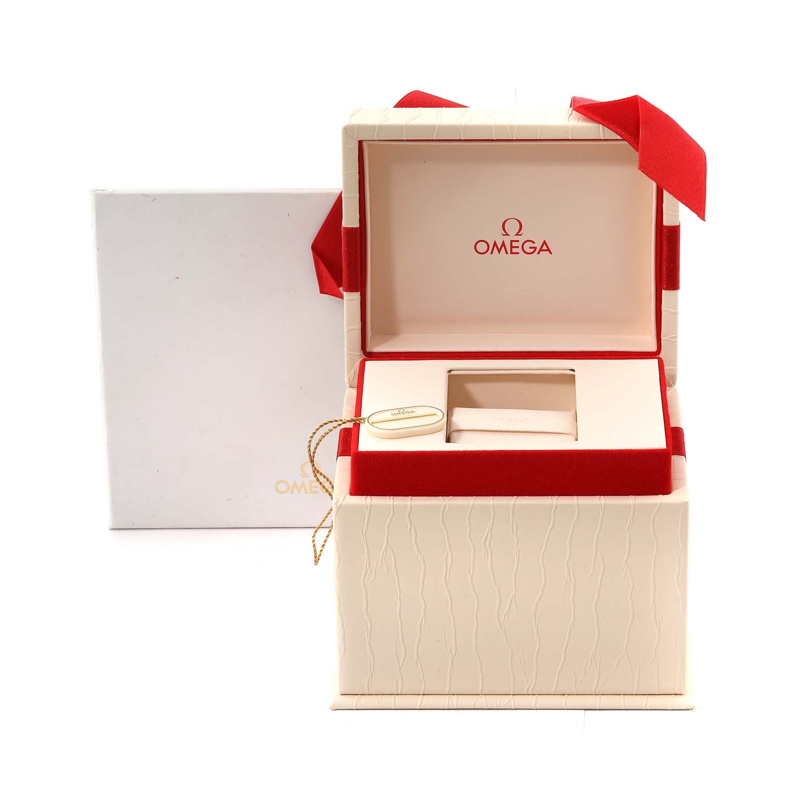 The image shows the open packaging of an Omega 2282.50.00 Women's Stainless Steel Black Dial 2282.50.00 Women's Stainless Steel Black Dial Seamaster Diver 300M Quartz 28mm Steel Ladies Watch, model 2282.50.00.