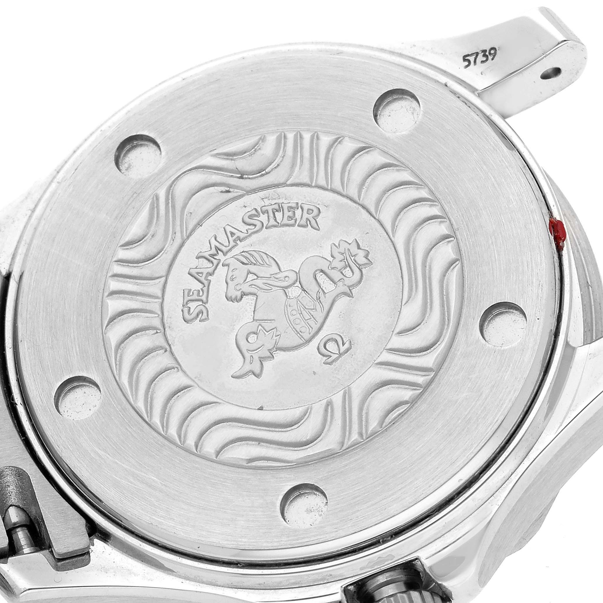 This is a close-up of the case back of the Omega 2282.50.00 Women's Stainless Steel Black Dial 2282.50.00 Women's Stainless Steel Black Dial Seamaster Diver 300M Quartz 28mm Steel Ladies Watch 2282.50.00.