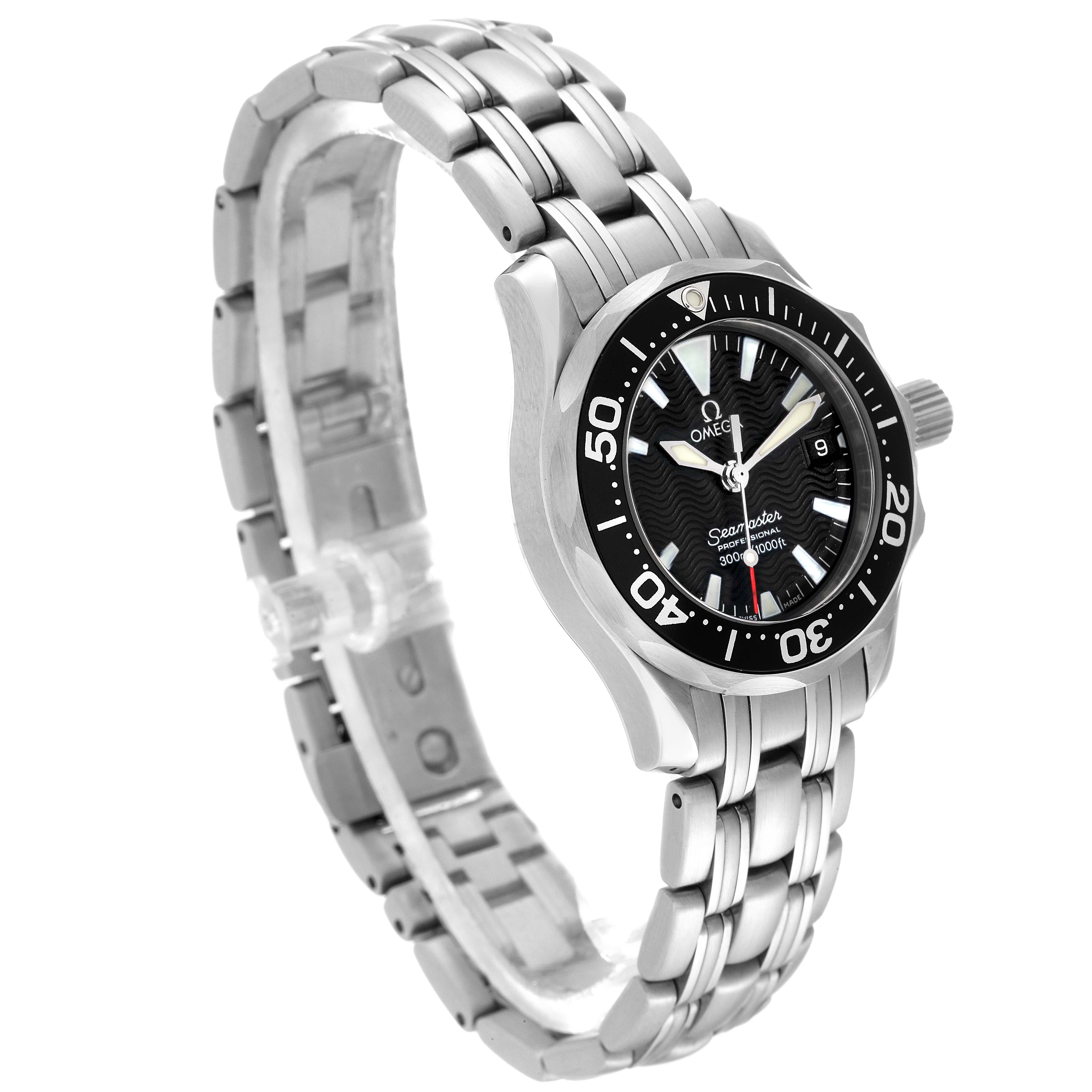 The Omega 2282.50.00 Women's Stainless Steel Black Dial 2282.50.00 Women's Stainless Steel Black Dial Seamaster Diver 300M Quartz 28mm Steel Ladies Watch 2282.50.00 is shown at a three-quarter angle, highlighting its black dial, bezel, and steel bracelet.