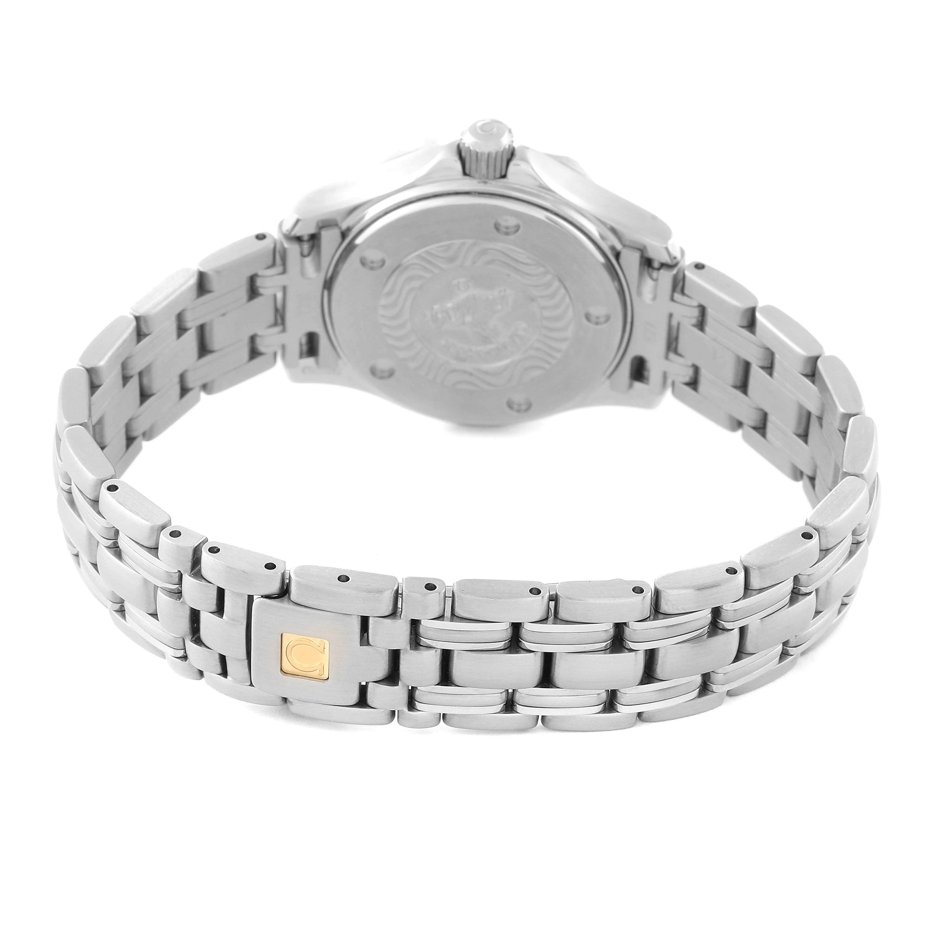 The image shows the back and bracelet of the Omega 2282.50.00 Women's Stainless Steel Black Dial 2282.50.00 Women's Stainless Steel Black Dial Seamaster Diver 300M Quartz 28mm Steel Ladies Watch model 2282.50.00.