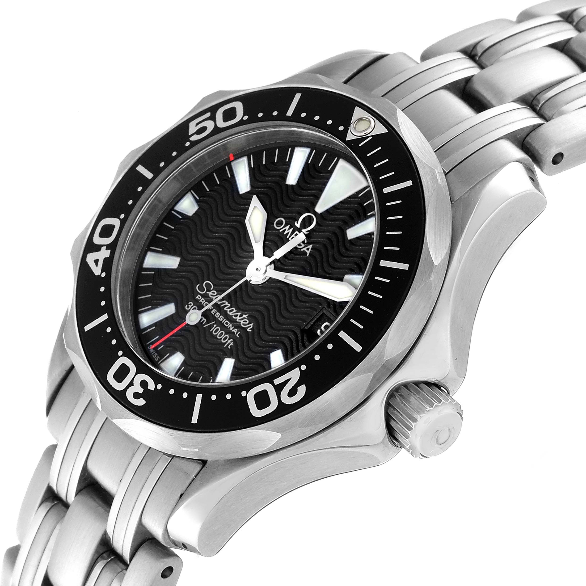 The Omega 2282.50.00 Women's Stainless Steel Black Dial 2282.50.00 Women's Stainless Steel Black Dial Seamaster Diver 300M Quartz 28mm Steel Ladies Watch 2282.50.00 is shown from an angled view highlighting the face, bezel, and part of the bracelet.