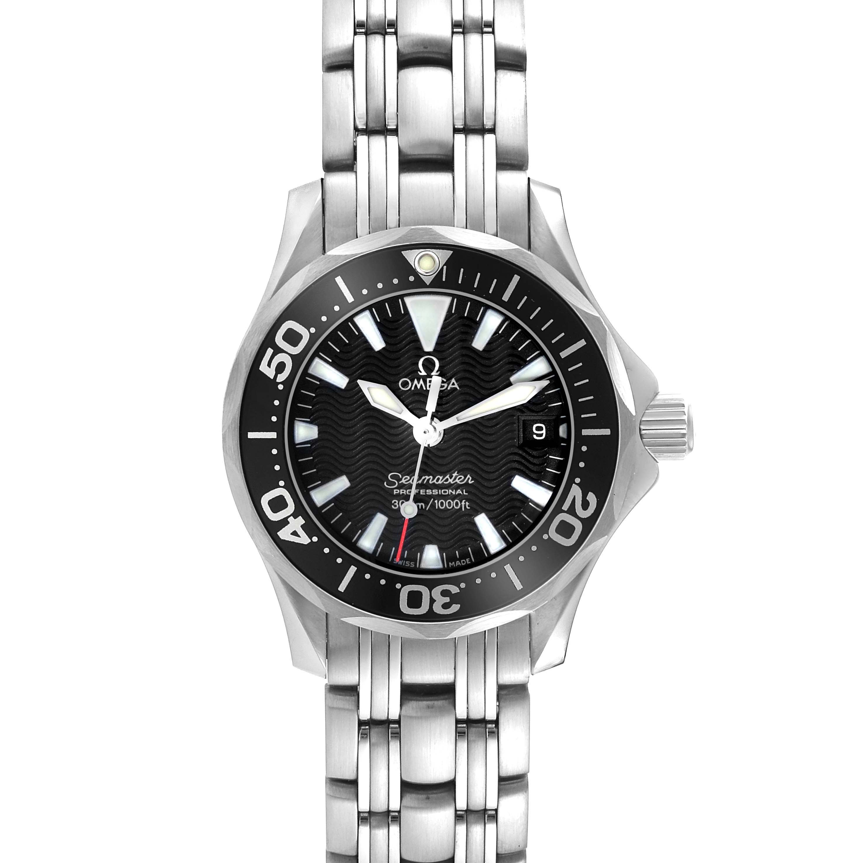 The image shows a front view of the Omega 2282.50.00 Women's Stainless Steel Black Dial 2282.50.00 Women's Stainless Steel Black Dial Seamaster Diver 300M Quartz 28mm Steel Ladies Watch model 2282.50.00.