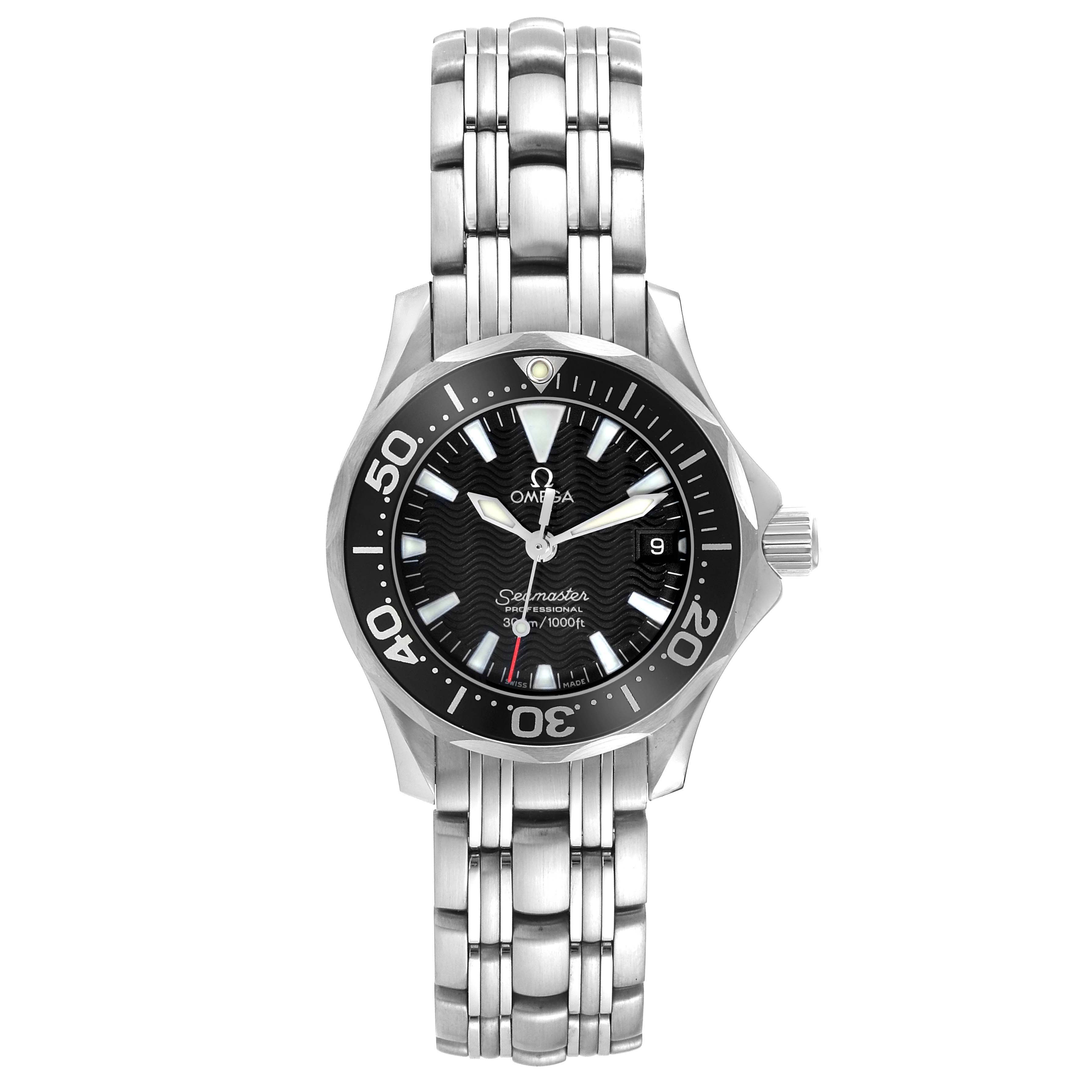 The image shows a front view of the Omega 2282.50.00 Women's Stainless Steel Black Dial 2282.50.00 Women's Stainless Steel Black Dial Seamaster Diver 300M Quartz 28mm Steel Ladies Watch, model 2282.50.00.