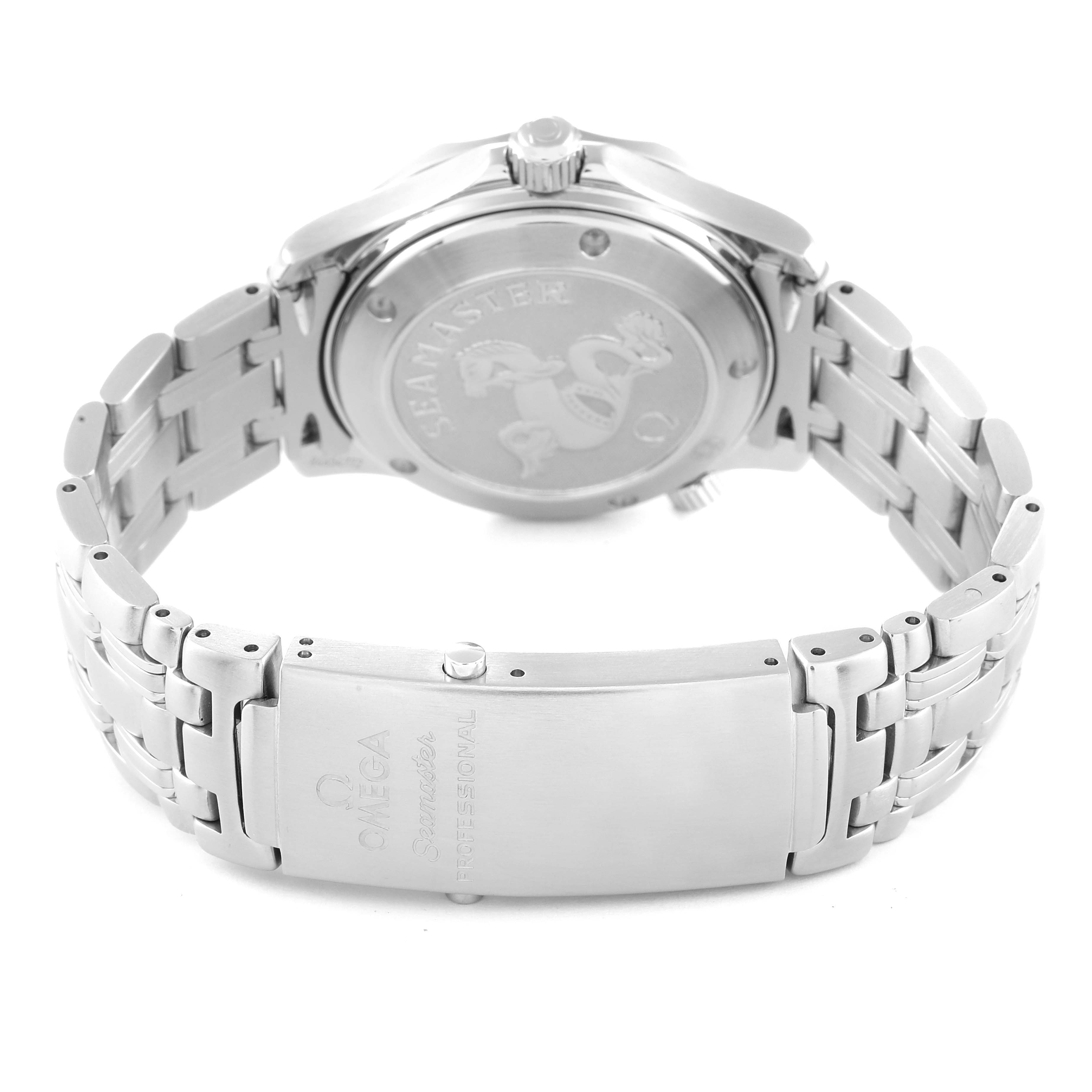 The image shows the back case and bracelet clasp of an Omega Seamaster 2222.80.00 Men's Stainless Steel Blue Dial 2222.80.00 Men's Stainless Steel Blue Dial watch from a rear angle.