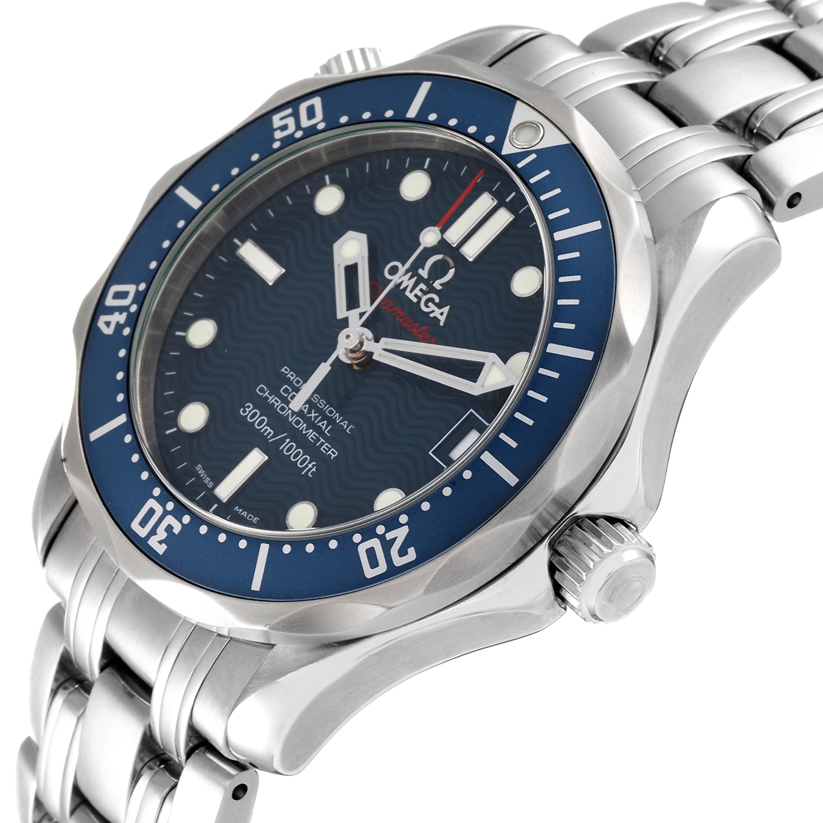 The image shows a side angle of the Omega Seamaster 2222.80.00 Men's Stainless Steel Blue Dial 2222.80.00 Men's Stainless Steel Blue Dial watch, highlighting the bezel, dial, crown, and bracelet.