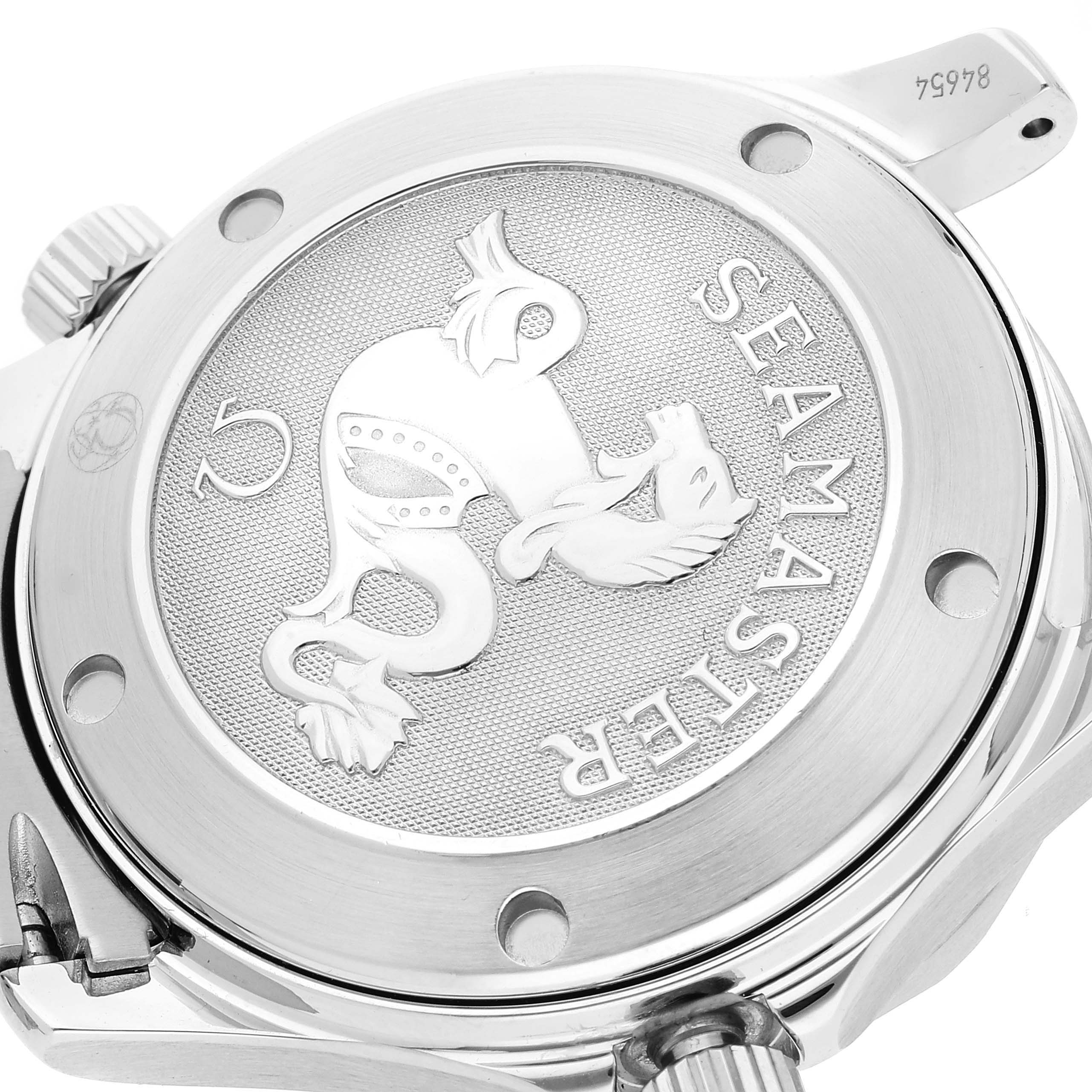 The image shows the back case of the Omega Seamaster 2222.80.00 Men's Stainless Steel Blue Dial 2222.80.00 Men's Stainless Steel Blue Dial model, featuring the engraved logo and seahorse design.