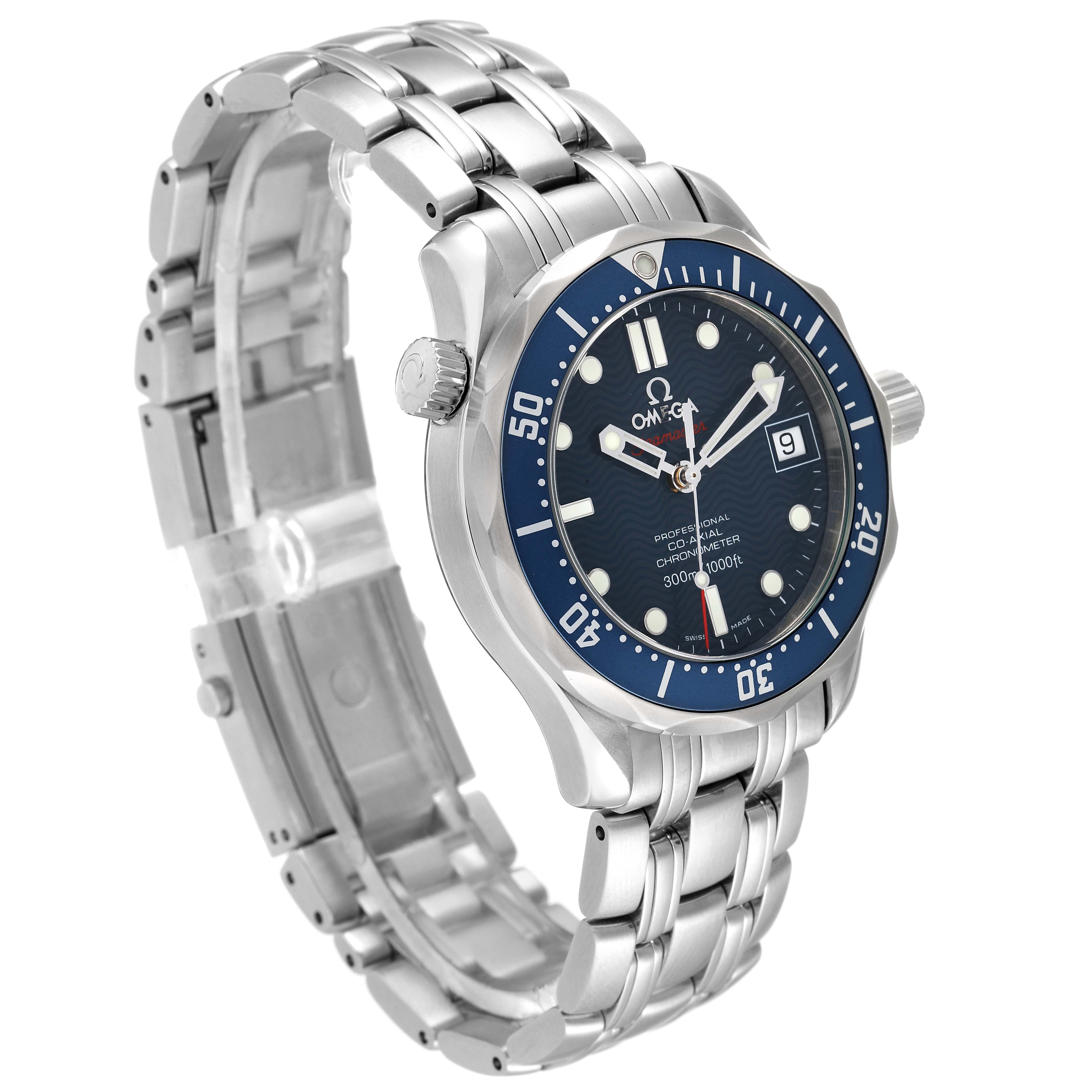 The image shows a side-angle view of an Omega Seamaster 2222.80.00 Men's Stainless Steel Blue Dial 2222.80.00 Men's Stainless Steel Blue Dial watch, highlighting the dial, bezel, bracelet, and crown.