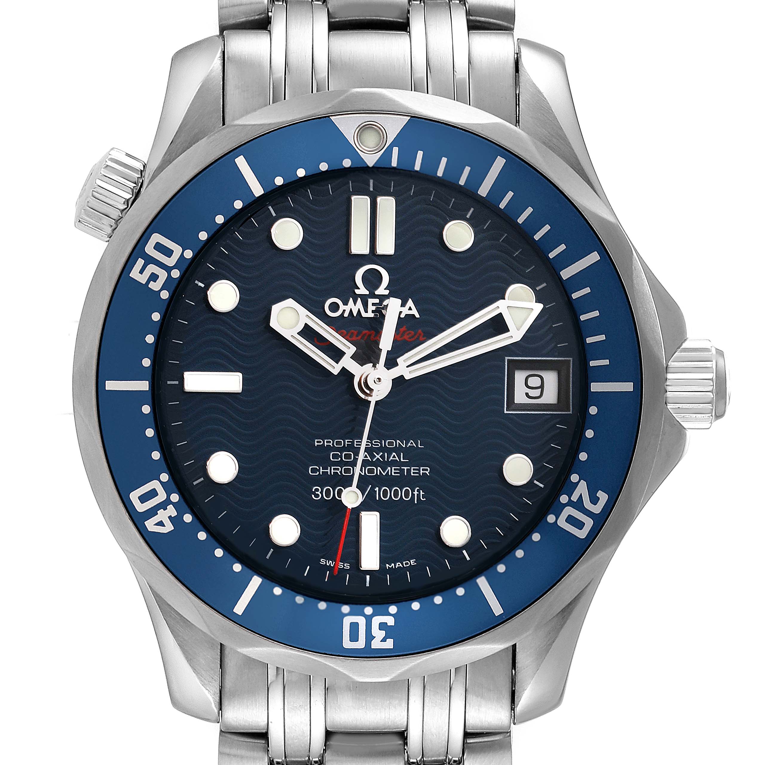 The image shows a front-angle view of an Omega Seamaster 2222.80.00 Men's Stainless Steel Blue Dial 2222.80.00 Men's Stainless Steel Blue Dial watch, showcasing its face, bezel, and part of the metal bracelet.