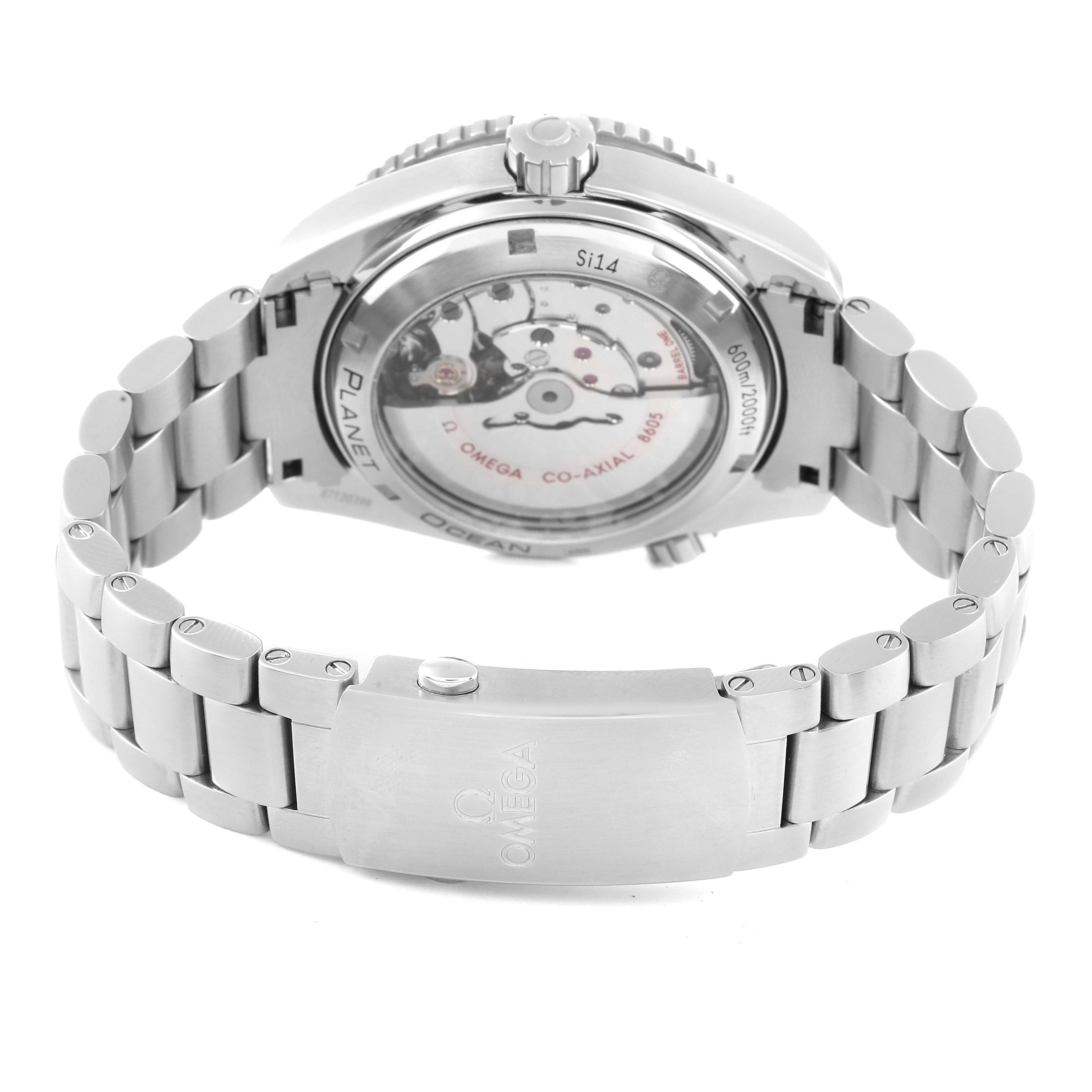 The image shows the back view and bracelet of the Omega Planet Ocean 232.30.44.22.01.001 Men's Stainless Steel Black Dial 232.30.44.22.01.001 Men's Stainless Steel Black Dial watch, highlighting its movement and clasp.