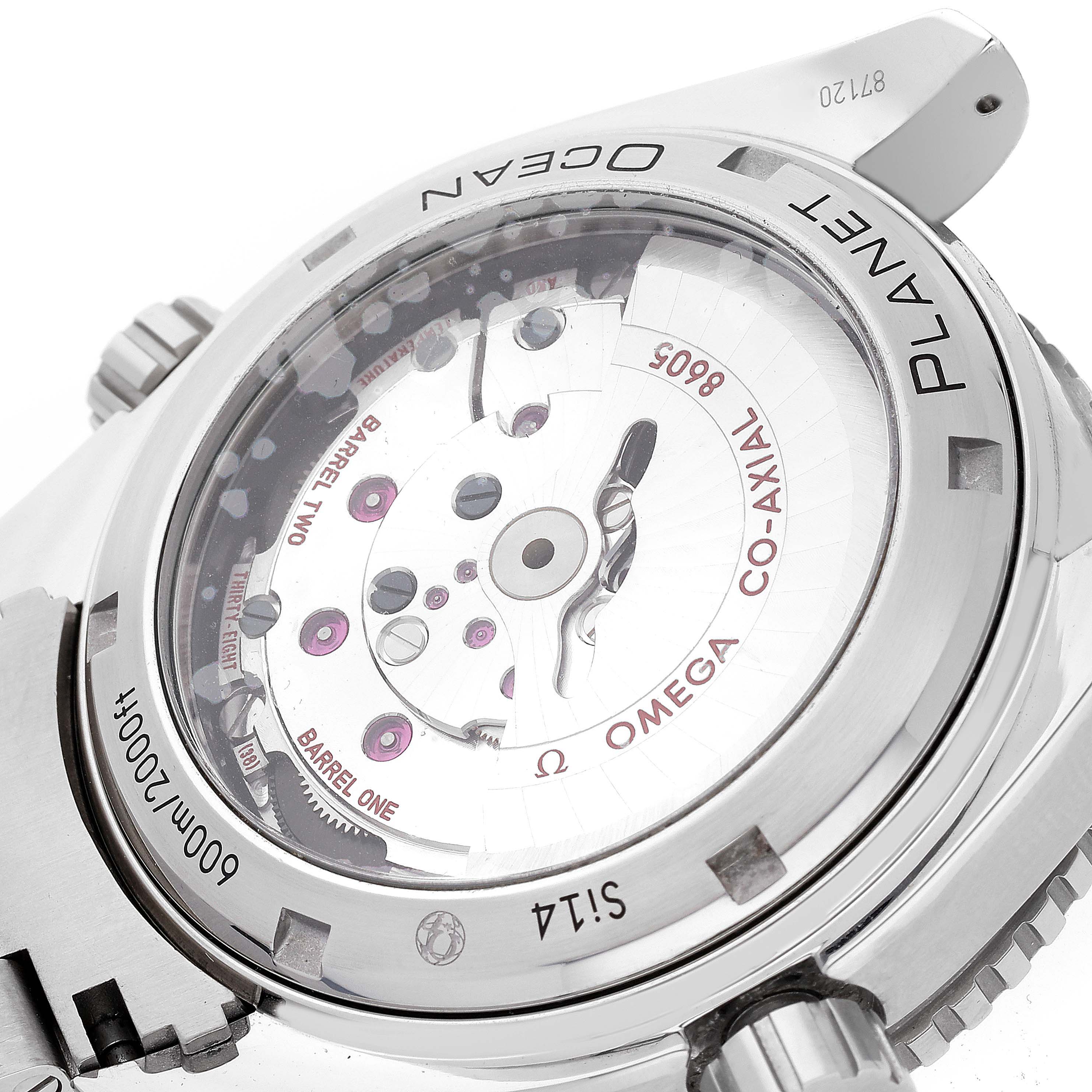 This image shows the Omega Planet Ocean 232.30.44.22.01.001 Men's Stainless Steel Black Dial 232.30.44.22.01.001 Men's Stainless Steel Black Dial watch's rear, revealing its movement through the transparent case back.