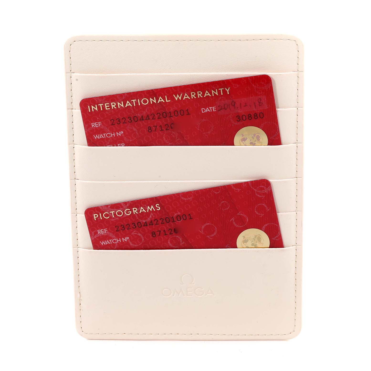 This image shows the warranty cards and pictogram cards for the Omega Planet Ocean 232.30.44.22.01.001 Men's Stainless Steel Black Dial 232.30.44.22.01.001 Men's Stainless Steel Black Dial watch, placed in a white cardholder.