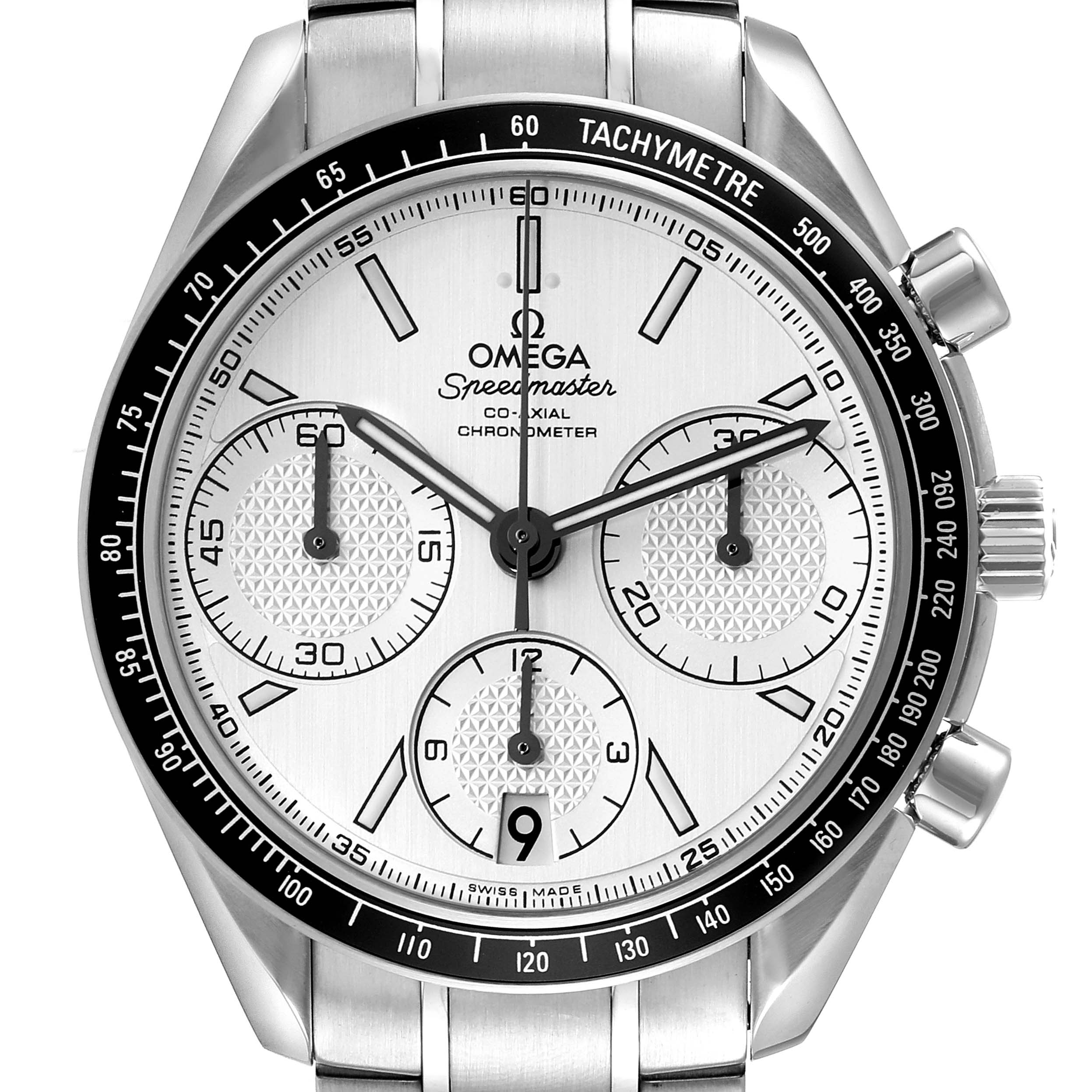 The image shows a front view of the Omega Speedmaster 326.30.40.50.02.001 Men's Stainless Steel Silver Dial 326.30.40.50.02.001 Men's Stainless Steel Silver Dial watch, highlighting its dial, subdials, bezel, and stainless steel strap.