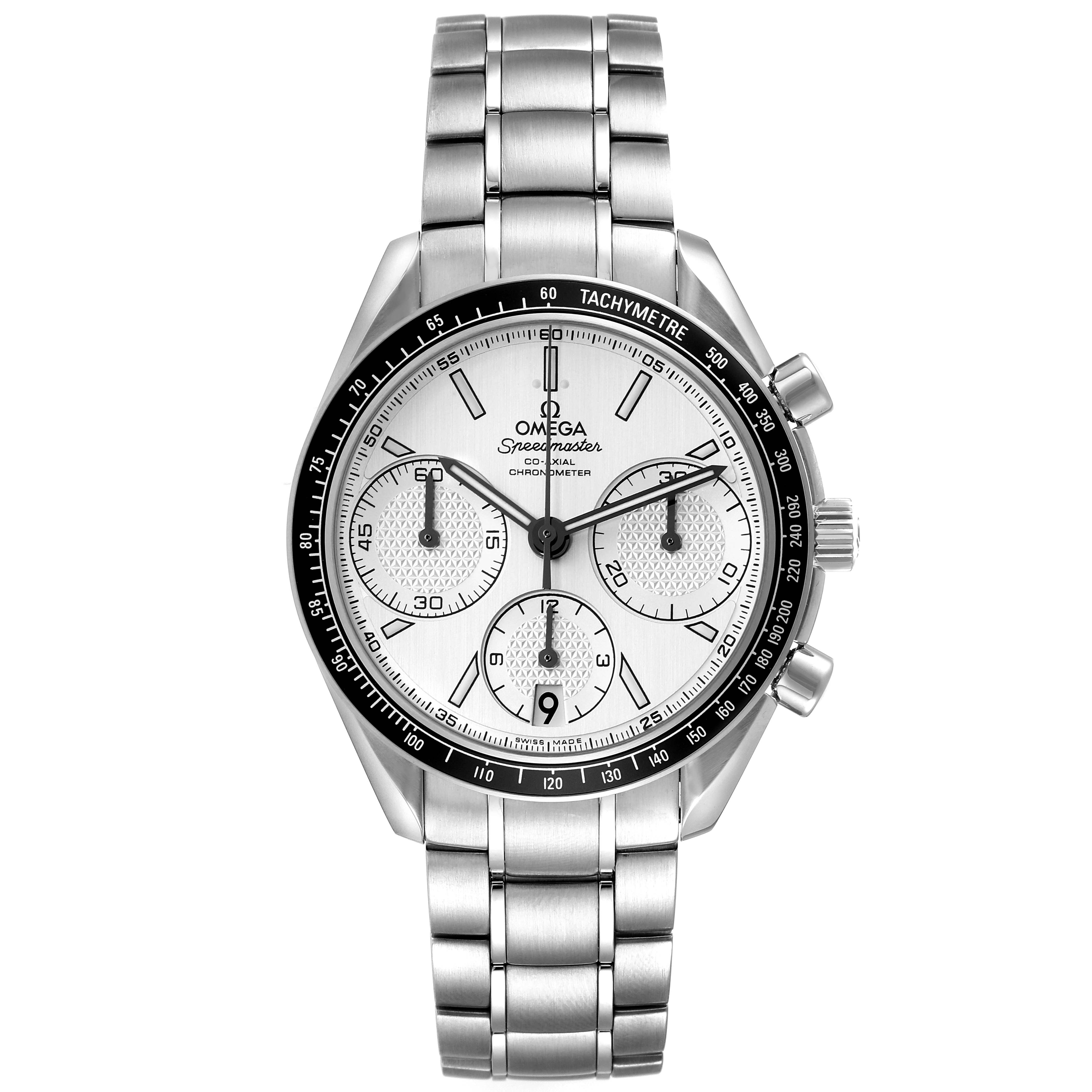 This image shows a front view of the Omega Speedmaster 326.30.40.50.02.001 Men's Stainless Steel Silver Dial 326.30.40.50.02.001 Men's Stainless Steel Silver Dial watch, featuring its face, dial, bezel, and stainless steel bracelet.