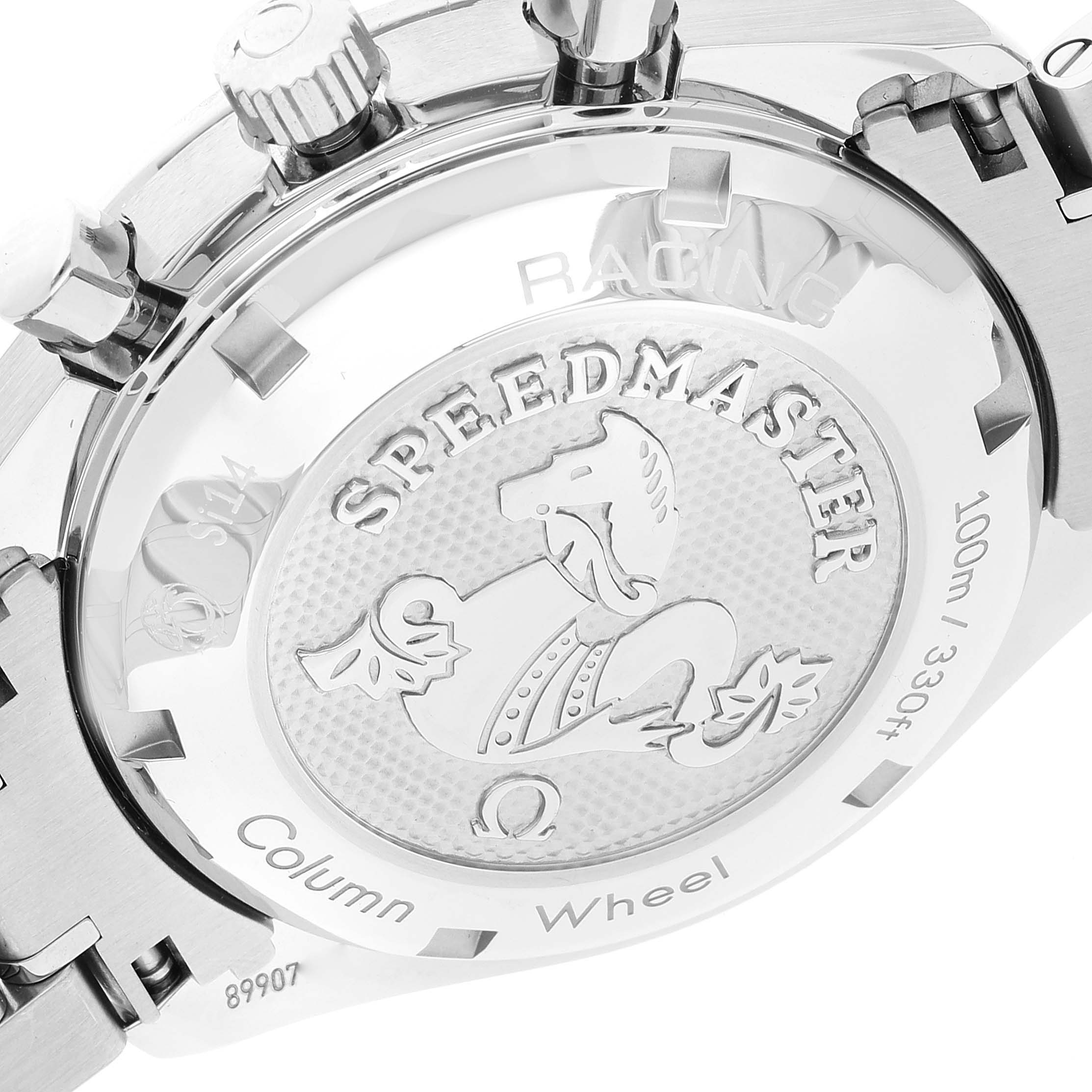 This image shows the back casing of an Omega Speedmaster 326.30.40.50.02.001 Men's Stainless Steel Silver Dial 326.30.40.50.02.001 Men's Stainless Steel Silver Dial, displaying the engraved logo and "Speedmaster" text.