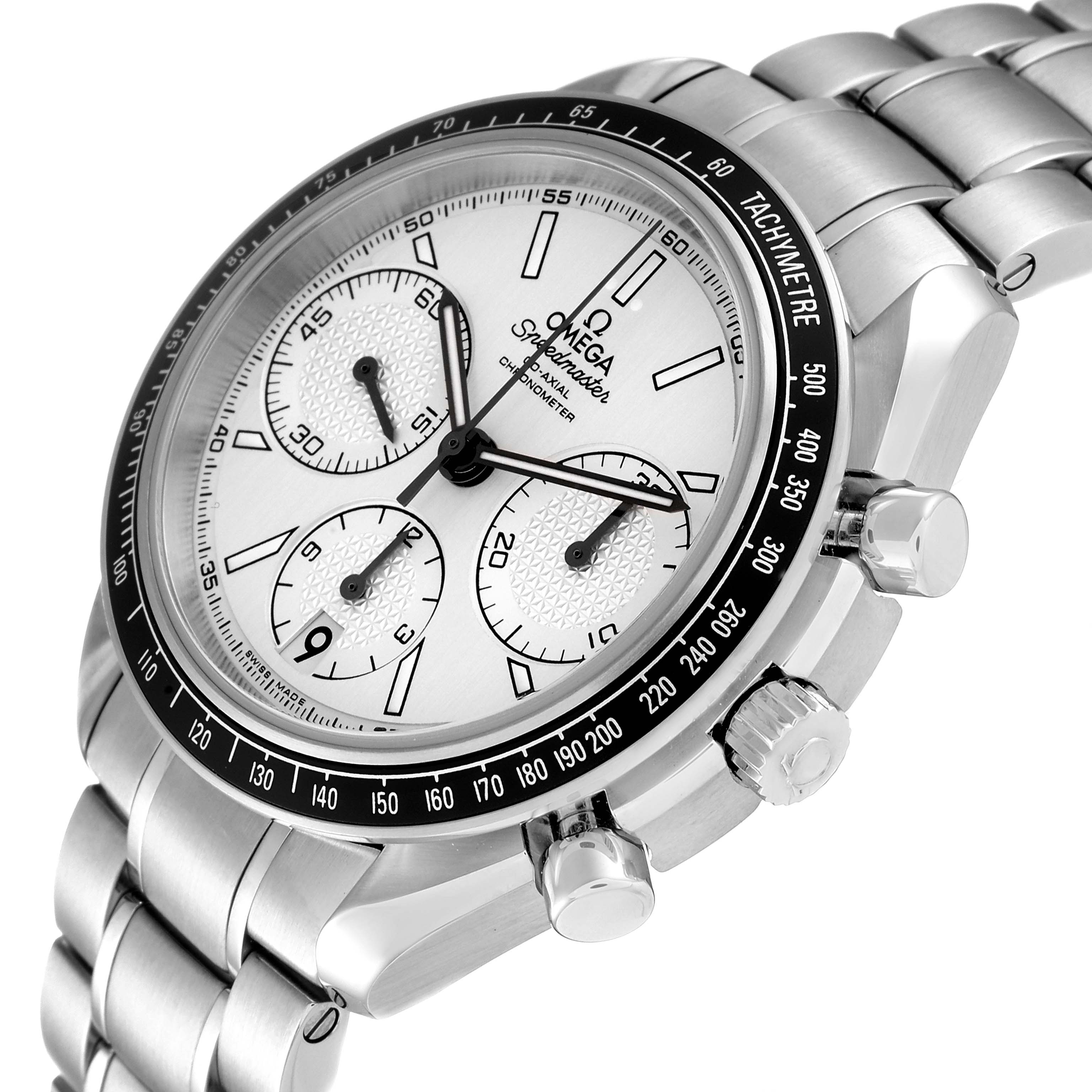 The image shows an angled view of an Omega Speedmaster 326.30.40.50.02.001 Men's Stainless Steel Silver Dial 326.30.40.50.02.001 Men's Stainless Steel Silver Dial, highlighting its dial, tachymeter bezel, and stainless steel bracelet.