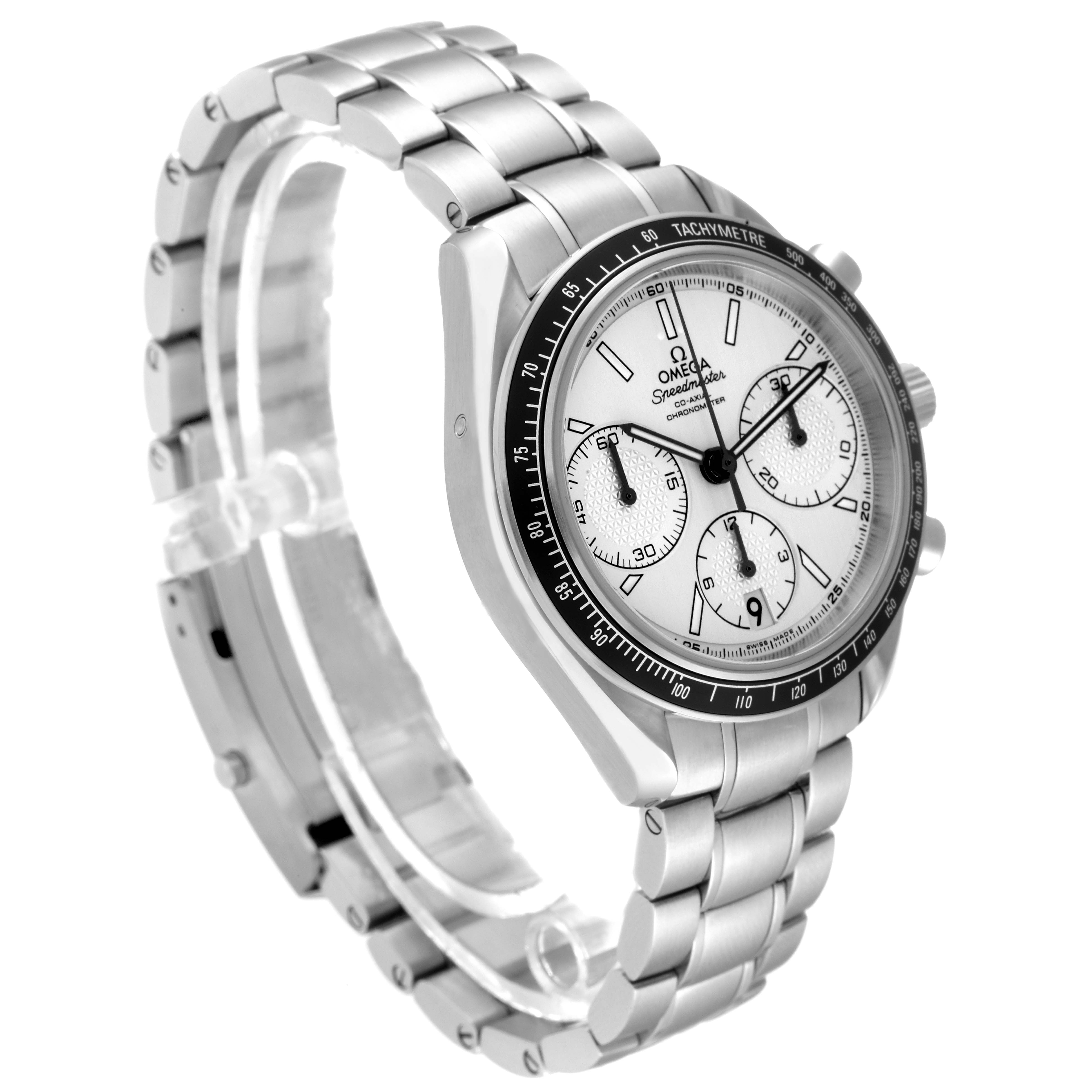 The image shows an Omega Speedmaster 326.30.40.50.02.001 Men's Stainless Steel Silver Dial 326.30.40.50.02.001 Men's Stainless Steel Silver Dial watch angled from the right, displaying the bracelet, bezel, and dial.