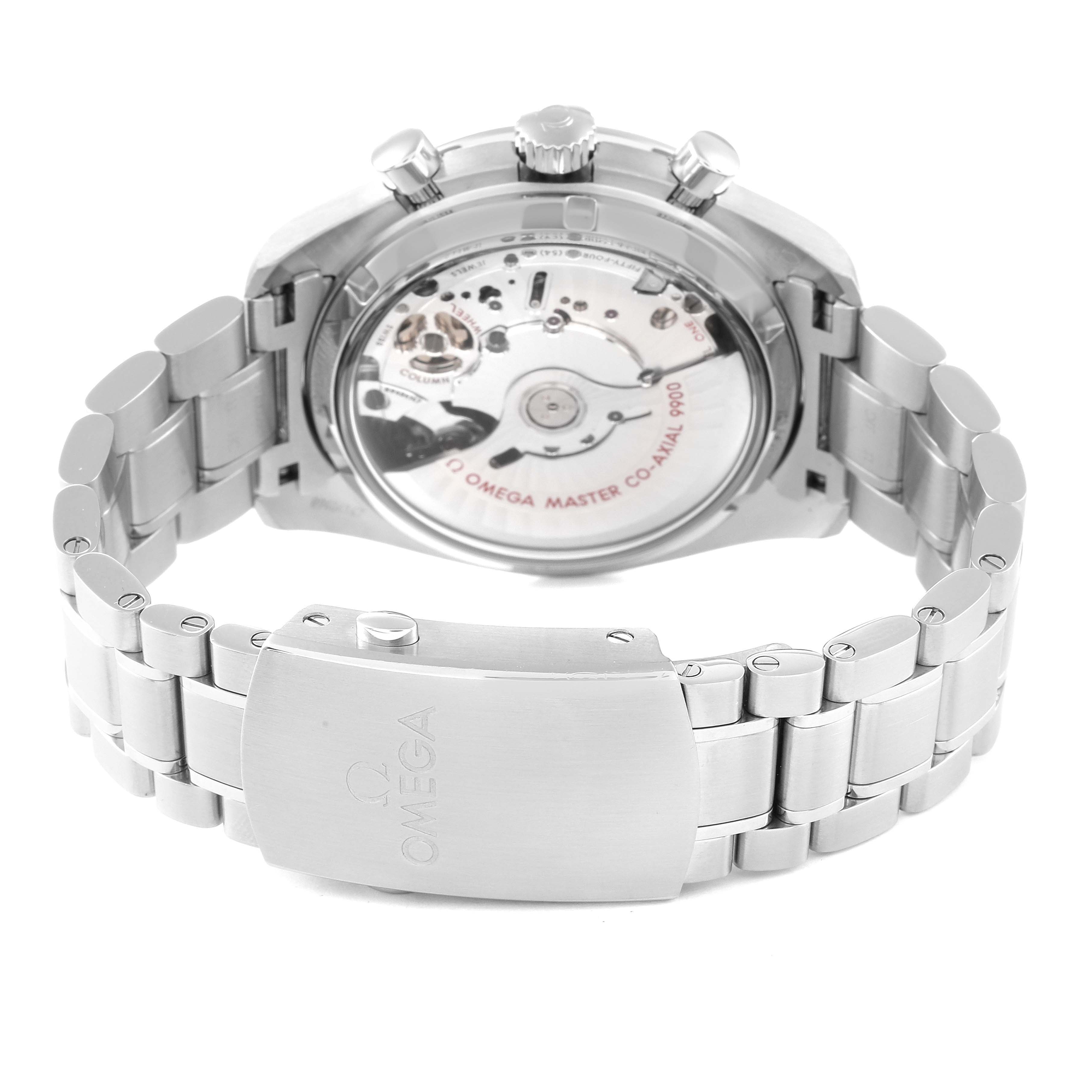 The image shows the back view of an Omega Speedmaster 329.30.44.51.01.001 Men's Stainless Steel Black Dial 329.30.44.51.01.001 Men's Stainless Steel Black Dial watch, highlighting its movement and metal bracelet.