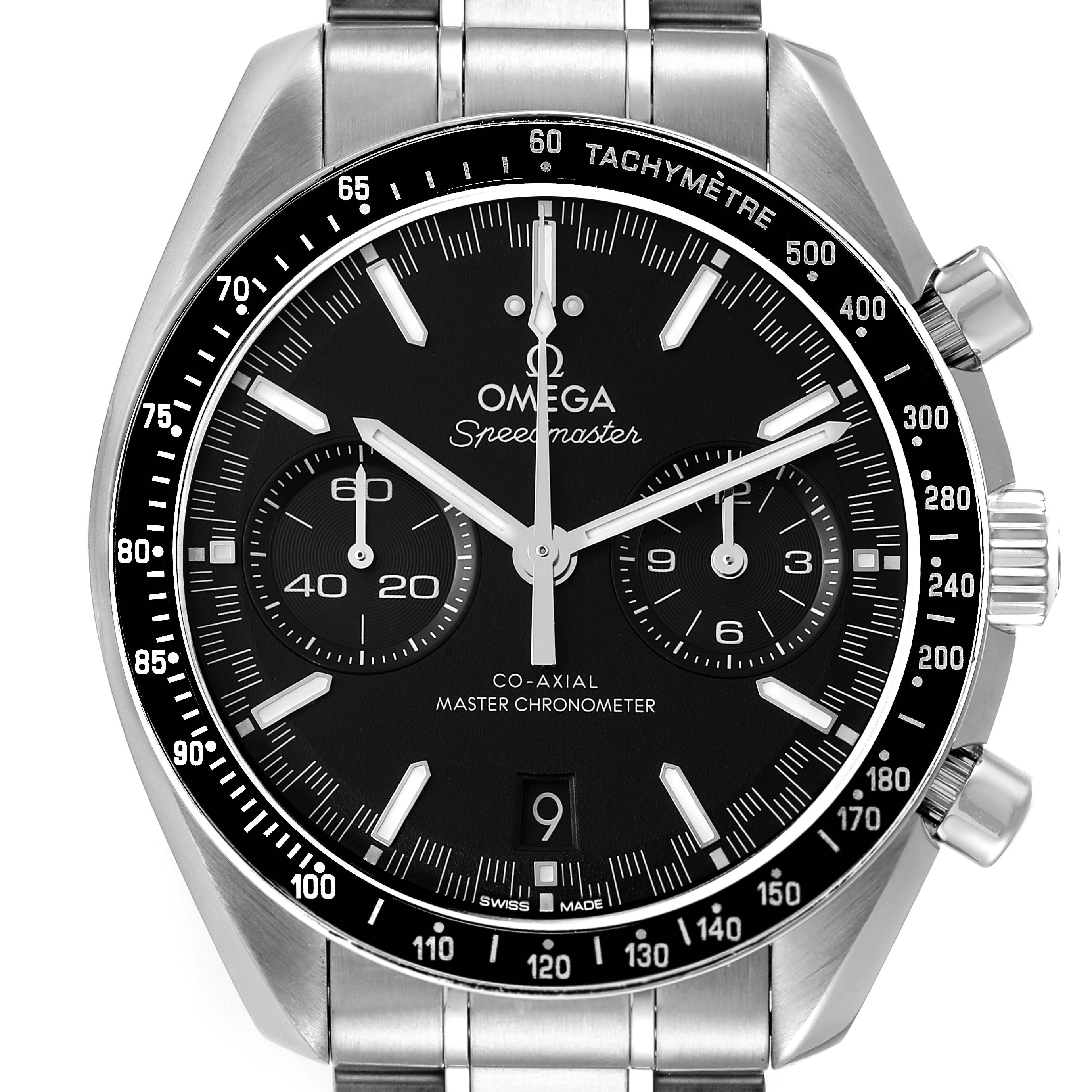 The Omega Speedmaster 329.30.44.51.01.001 Men's Stainless Steel Black Dial 329.30.44.51.01.001 Men's Stainless Steel Black Dial watch is shown from a front-facing angle, displaying its entire face, bezel, and part of the metal strap.