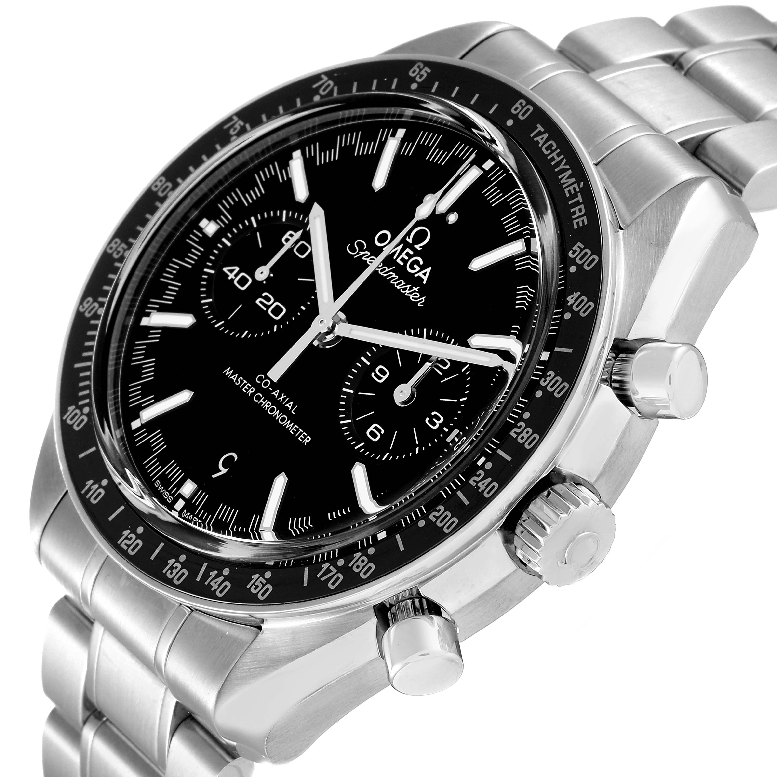 The image shows a close-up, angled view of an Omega Speedmaster 329.30.44.51.01.001 Men's Stainless Steel Black Dial 329.30.44.51.01.001 Men's Stainless Steel Black Dial, highlighting the face, bezel, and part of the bracelet.