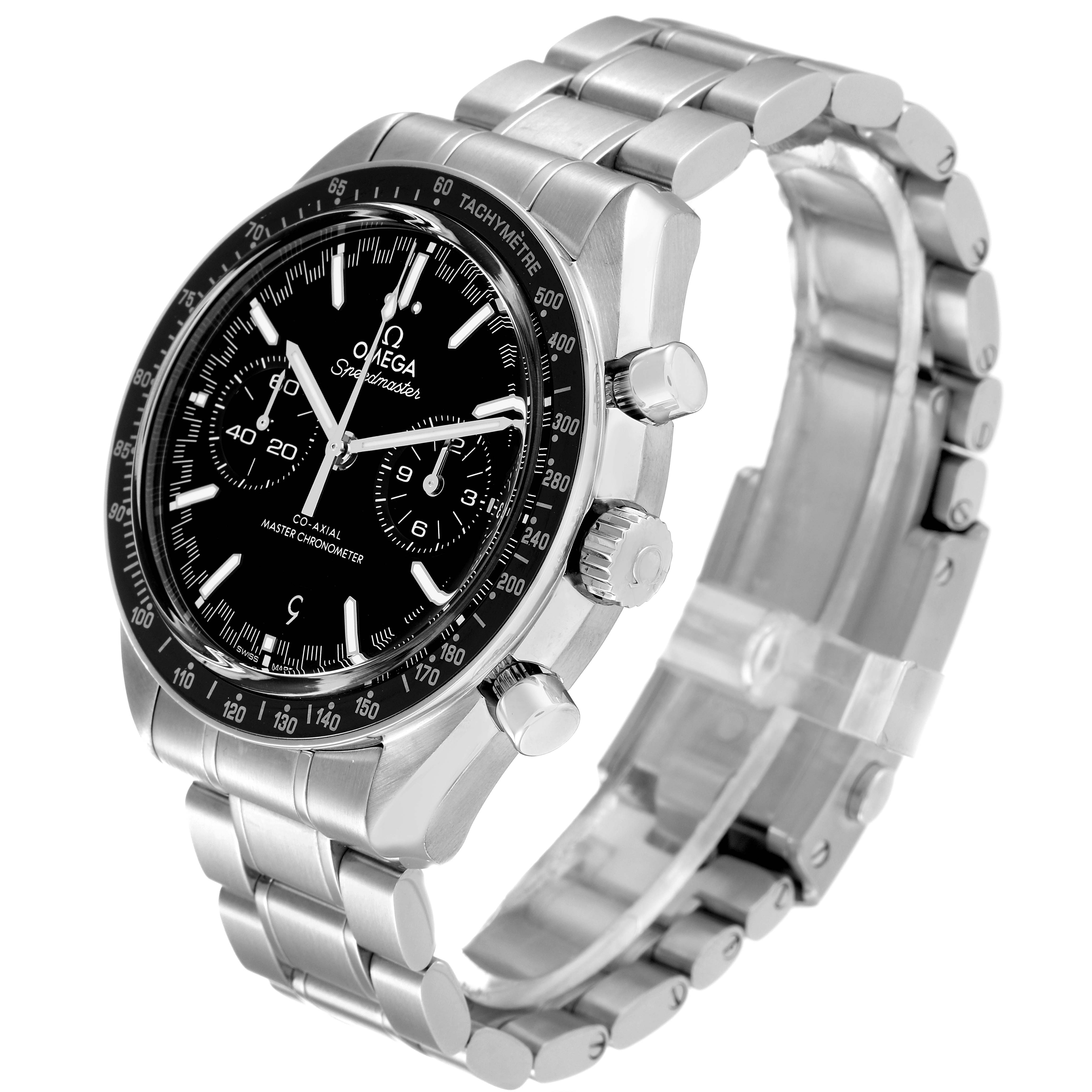 The image shows a side angle of Omega's Speedmaster watch, highlighting the dial, bezel, pushers, and stainless steel bracelet.