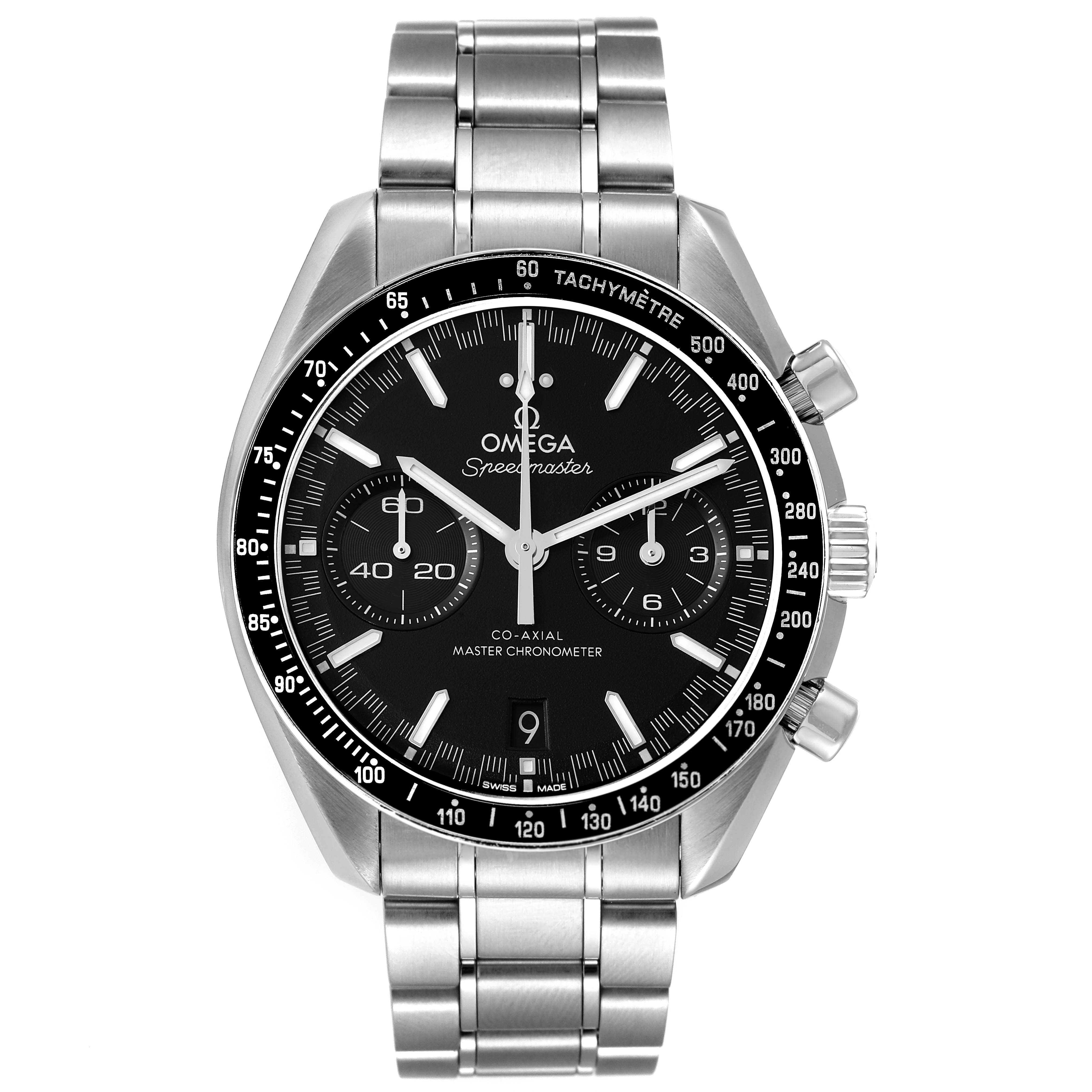The image shows a front view of the Omega Speedmaster 329.30.44.51.01.001 Men's Stainless Steel Black Dial 329.30.44.51.01.001 Men's Stainless Steel Black Dial watch, highlighting its black dial, chronograph features, and stainless steel bracelet.