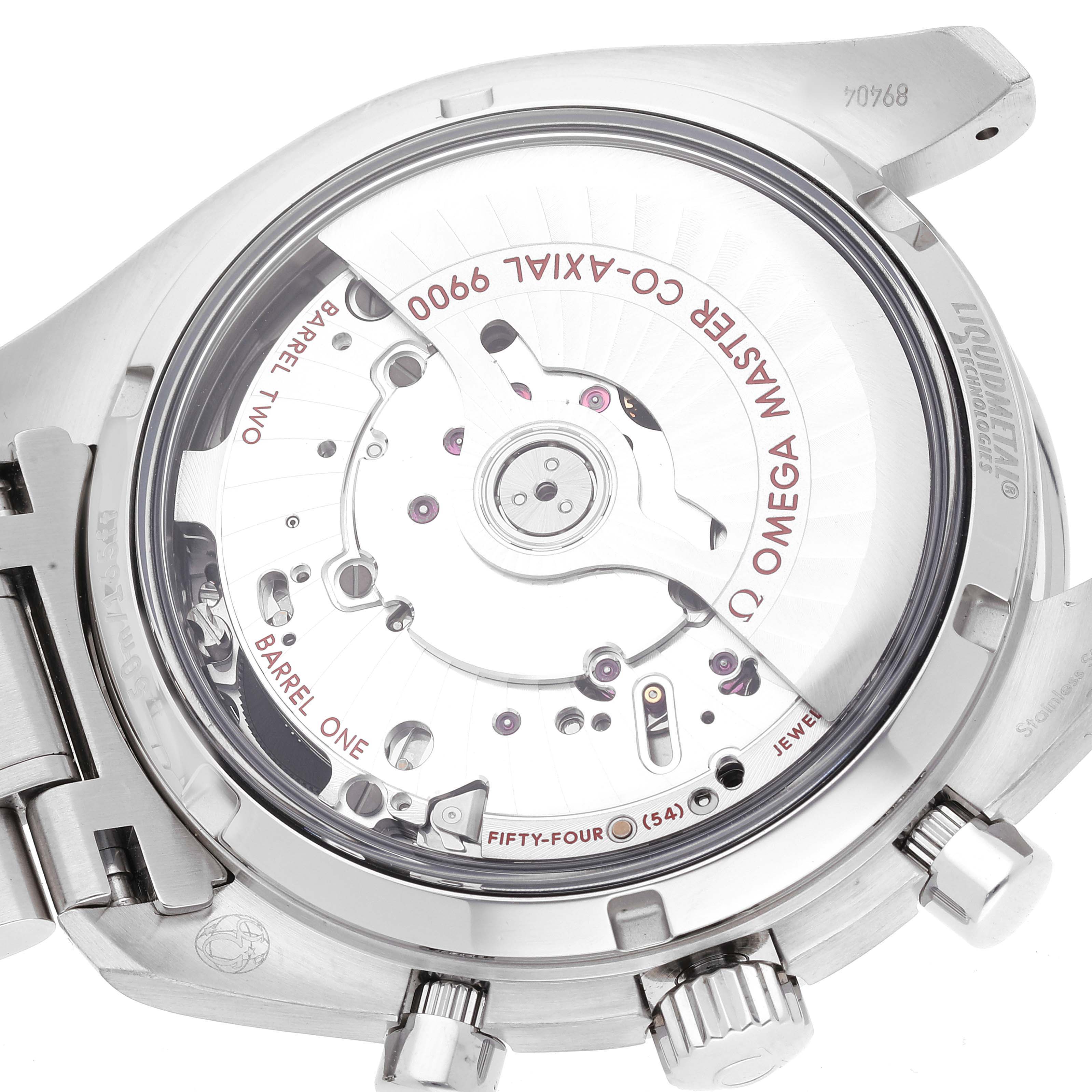 This image shows the back view of the Omega Speedmaster 329.30.44.51.01.001 Men's Stainless Steel Black Dial 329.30.44.51.01.001 Men's Stainless Steel Black Dial watch, highlighting the inner mechanism and movement details.