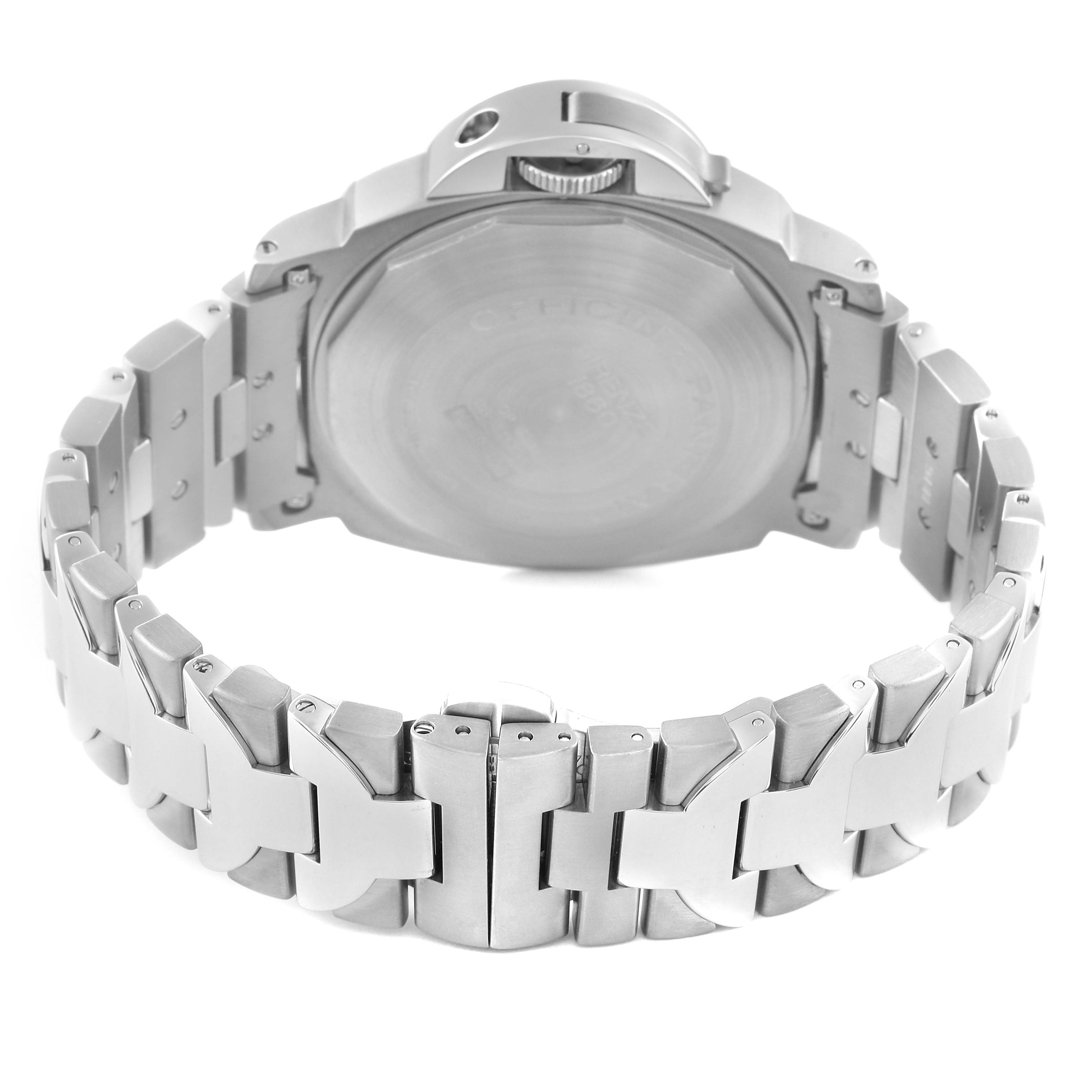 The image shows the back case and metal bracelet of a Panerai Luminor PAM00171 Men
s Stainless Steel Black Dial PAM00171 Men
s Stainless Steel Black Dial watch from a rear angle.