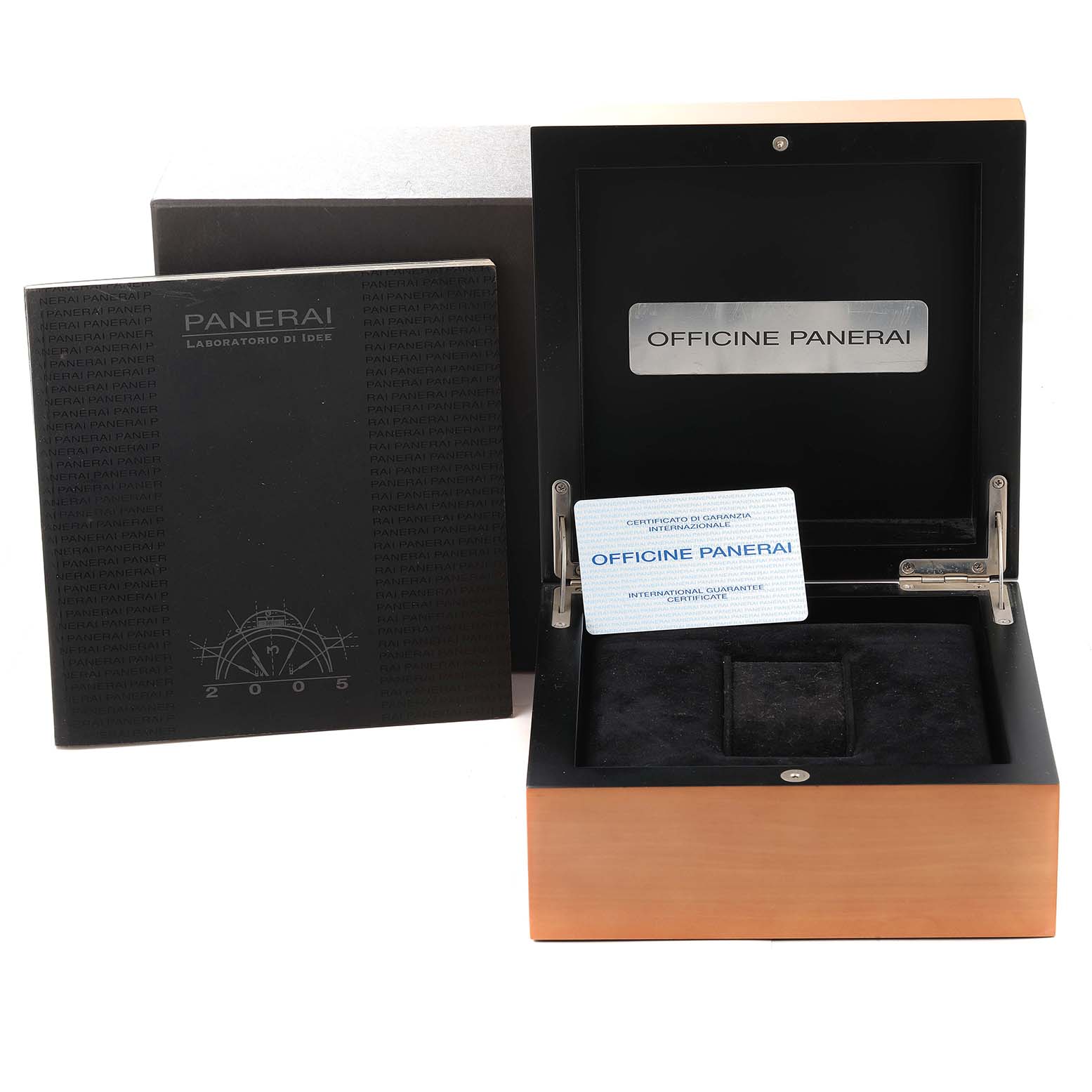 The image shows the Panerai Luminor PAM00171 Men
s Stainless Steel Black Dial PAM00171 Men
s Stainless Steel Black Dial watch
s box, a warranty card, and a user manual, all viewed from the front angle.