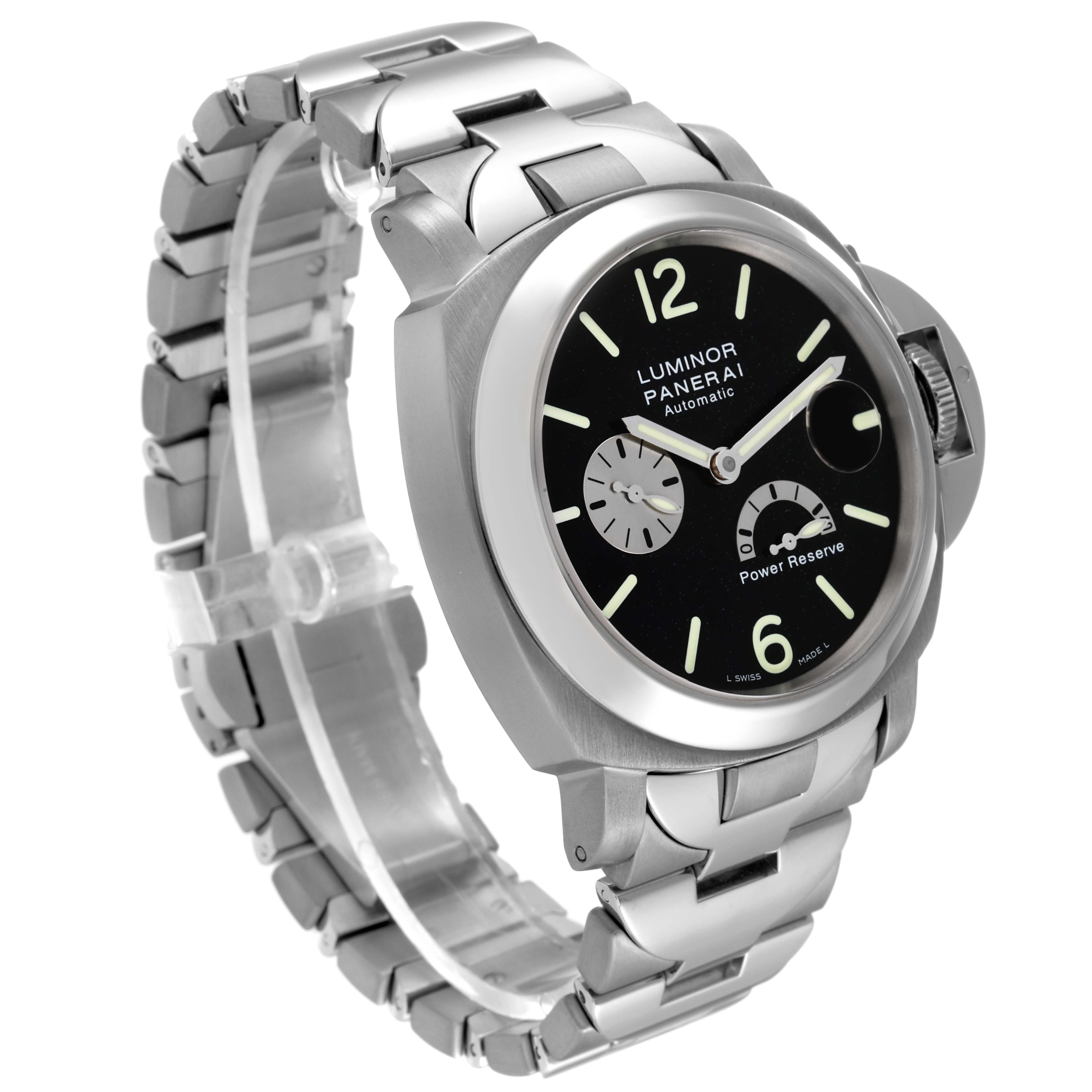 The image shows a Panerai Luminor PAM00171 Men
s Stainless Steel Black Dial PAM00171 Men
s Stainless Steel Black Dial watch at a three-quarter angle, highlighting the face, bezel, crown guard, and metal bracelet.