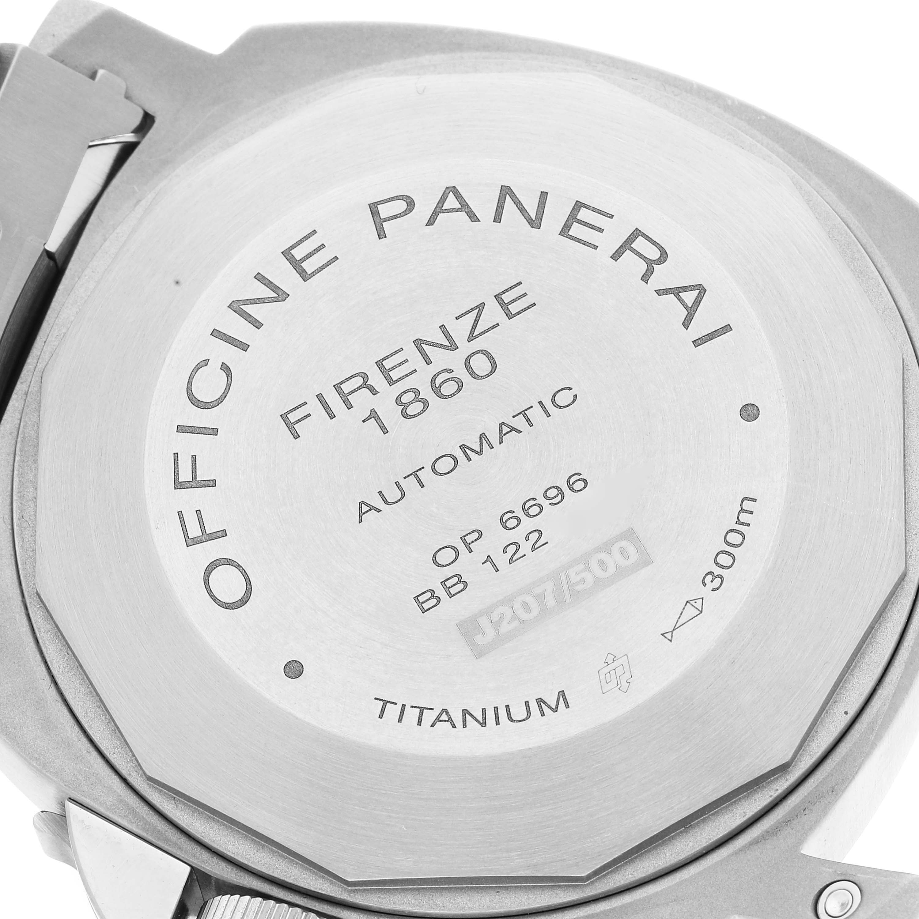 This image shows the back case of a Panerai Luminor PAM00171 Men
s Stainless Steel Black Dial PAM00171 Men
s Stainless Steel Black Dial watch, highlighting details like "Automatic" and "Titanium" inscriptions.