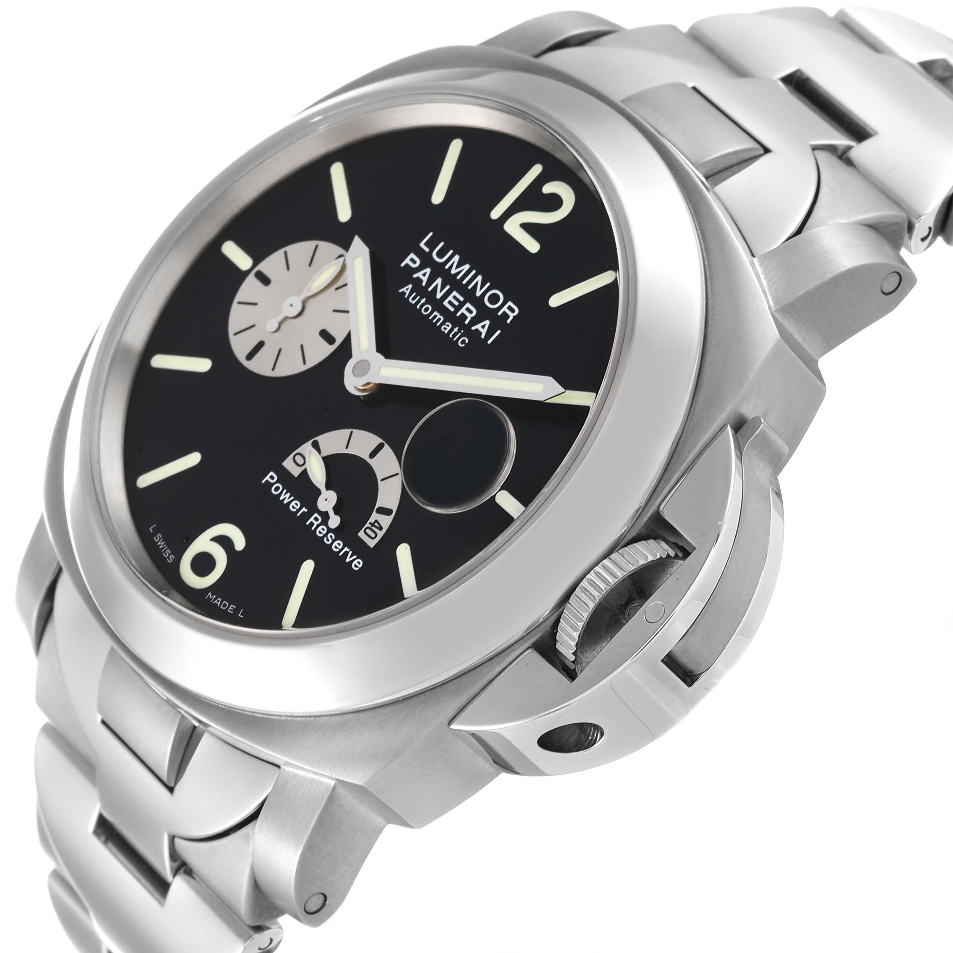 This image shows a Panerai Luminor PAM00171 Men
s Stainless Steel Black Dial PAM00171 Men
s Stainless Steel Black Dial watch from a diagonal angle, highlighting its dial, crown, and stainless steel bracelet.