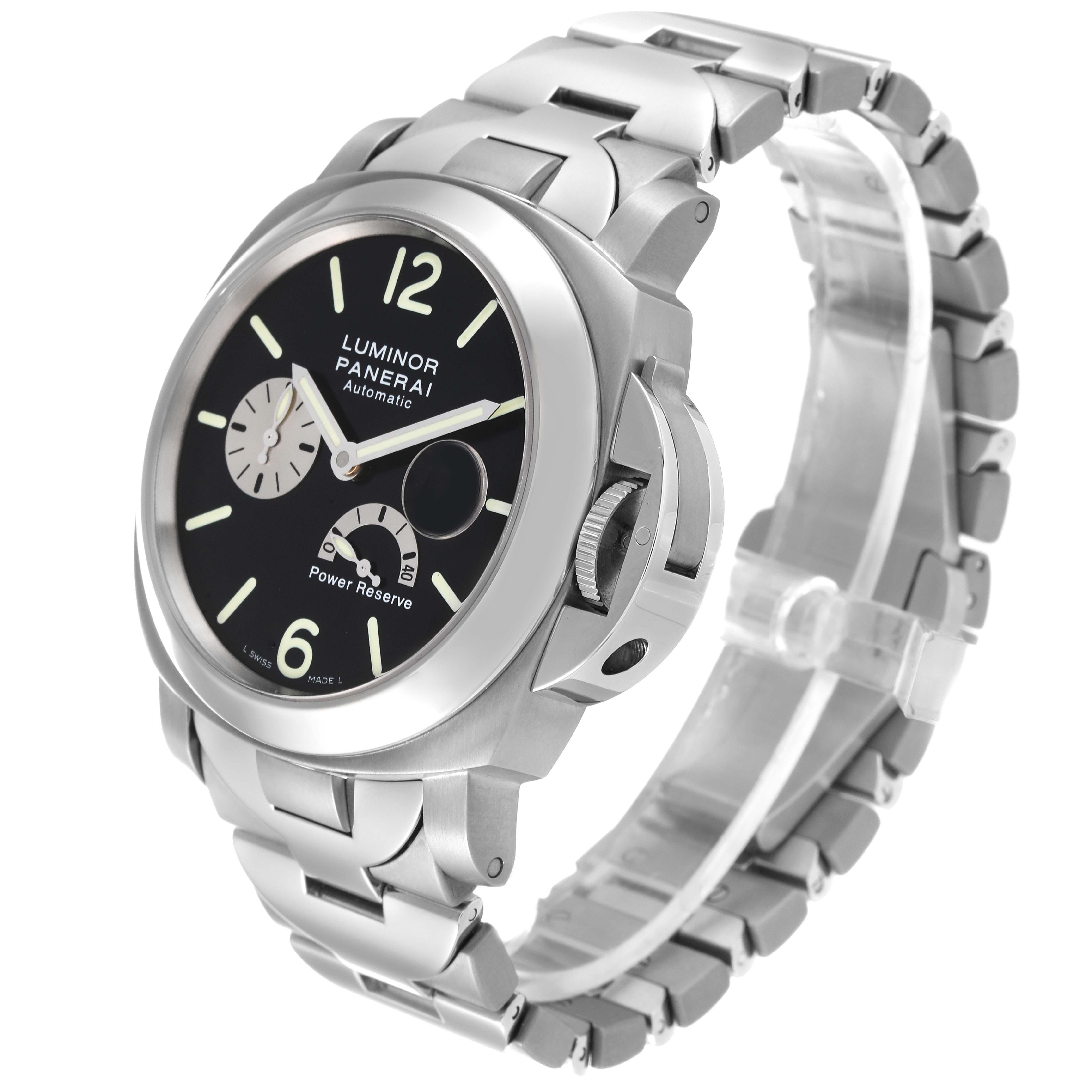 The Panerai Luminor PAM00171 Men
s Stainless Steel Black Dial PAM00171 Men
s Stainless Steel Black Dial watch is shown from an angled side view, featuring its black dial, crown guard, and stainless steel bracelet.