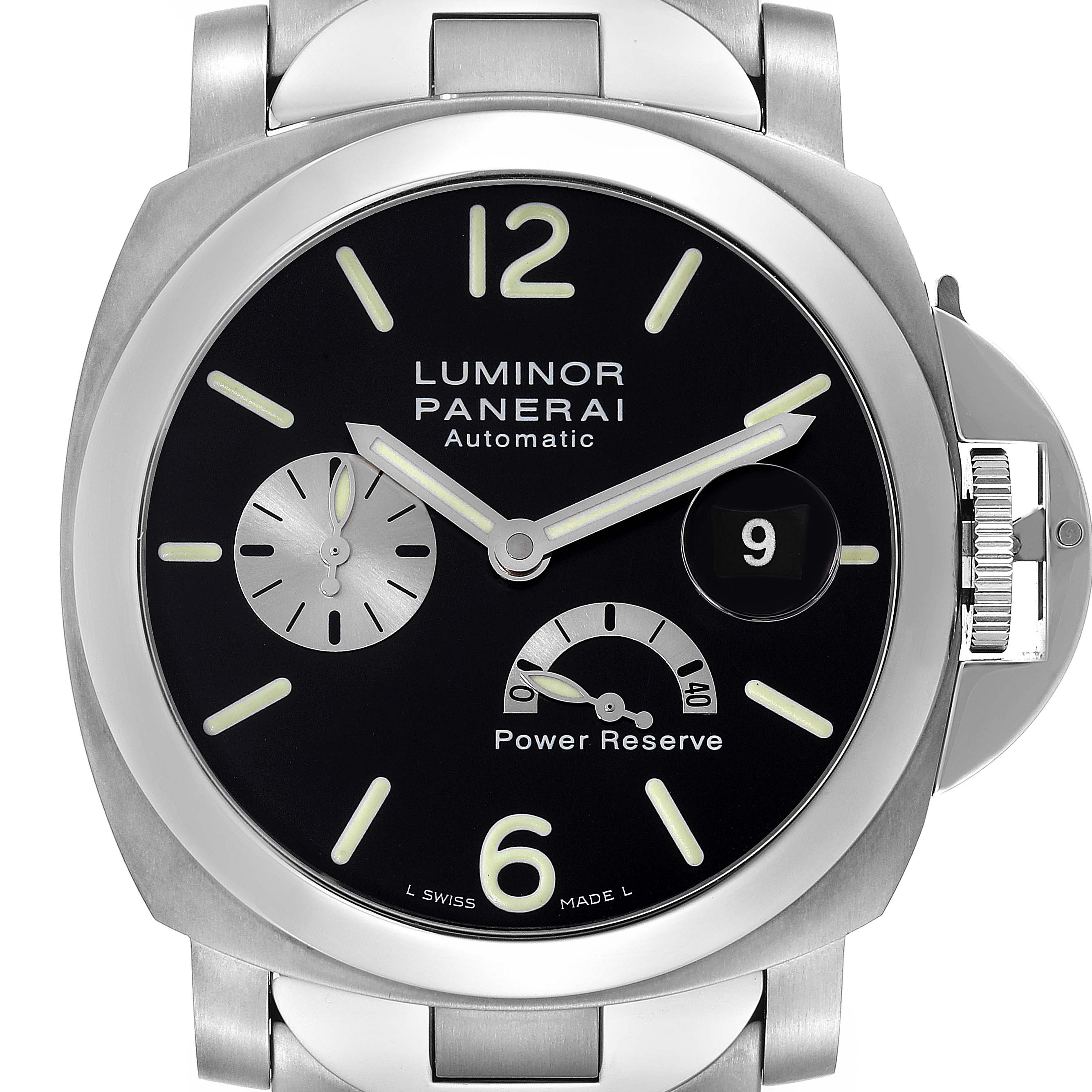 The image shows a front view of the Panerai Luminor PAM00171 Men
s Stainless Steel Black Dial PAM00171 Men
s Stainless Steel Black Dial watch, highlighting its dial, hands, subdials, and date window.