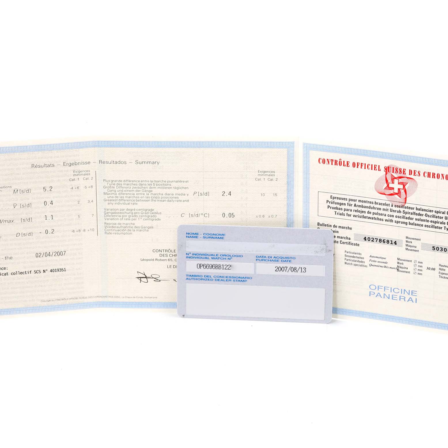 The image shows warranty and certification papers for a Panerai Luminor PAM00171 Men
s Stainless Steel Black Dial PAM00171 Men
s Stainless Steel Black Dial watch laid flat.