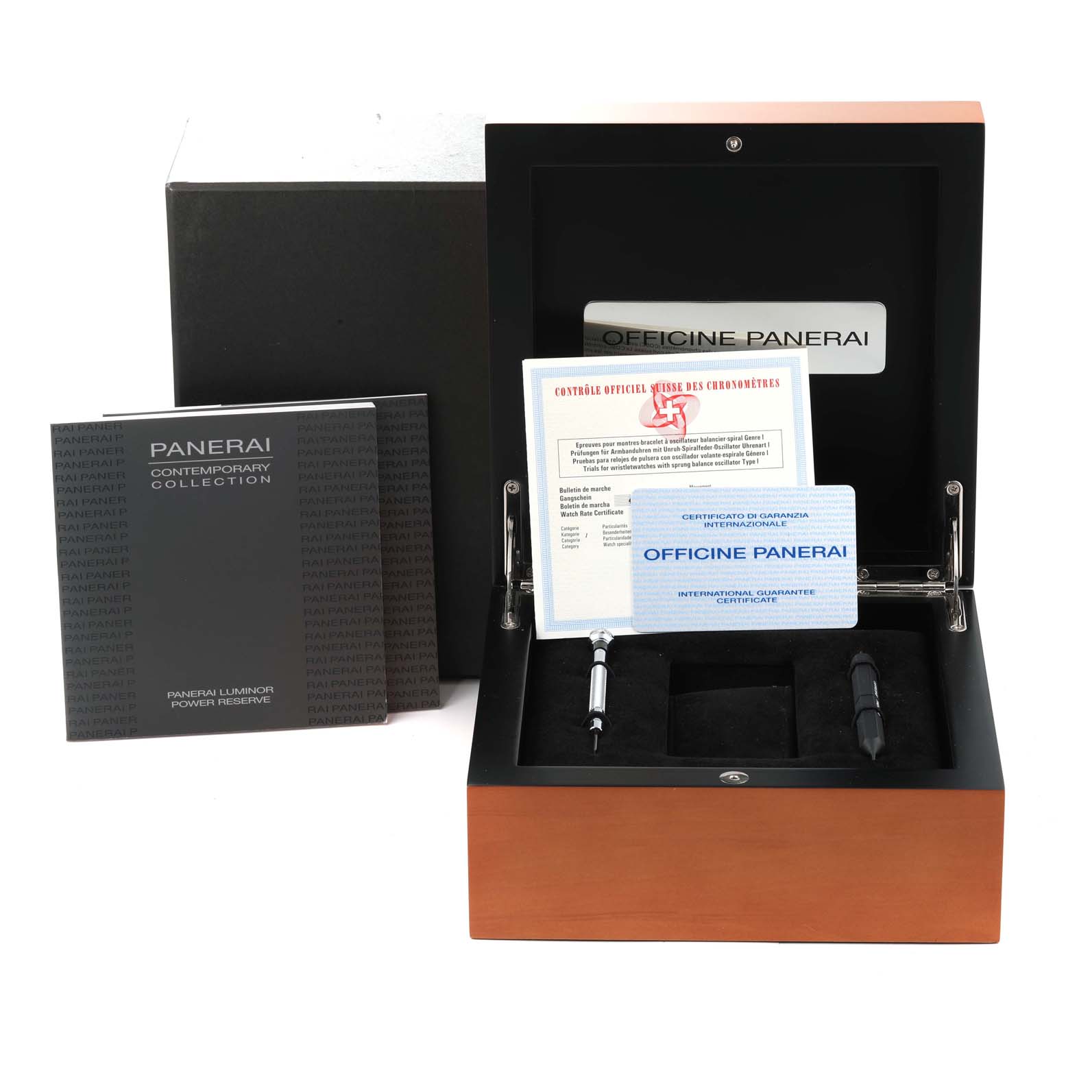 The image shows the packaging and accessories for a Panerai Luminor PAM00171 Men
s Stainless Steel Black Dial PAM00171 Men
s Stainless Steel Black Dial model watch, including certificates and tools, shot from the front.