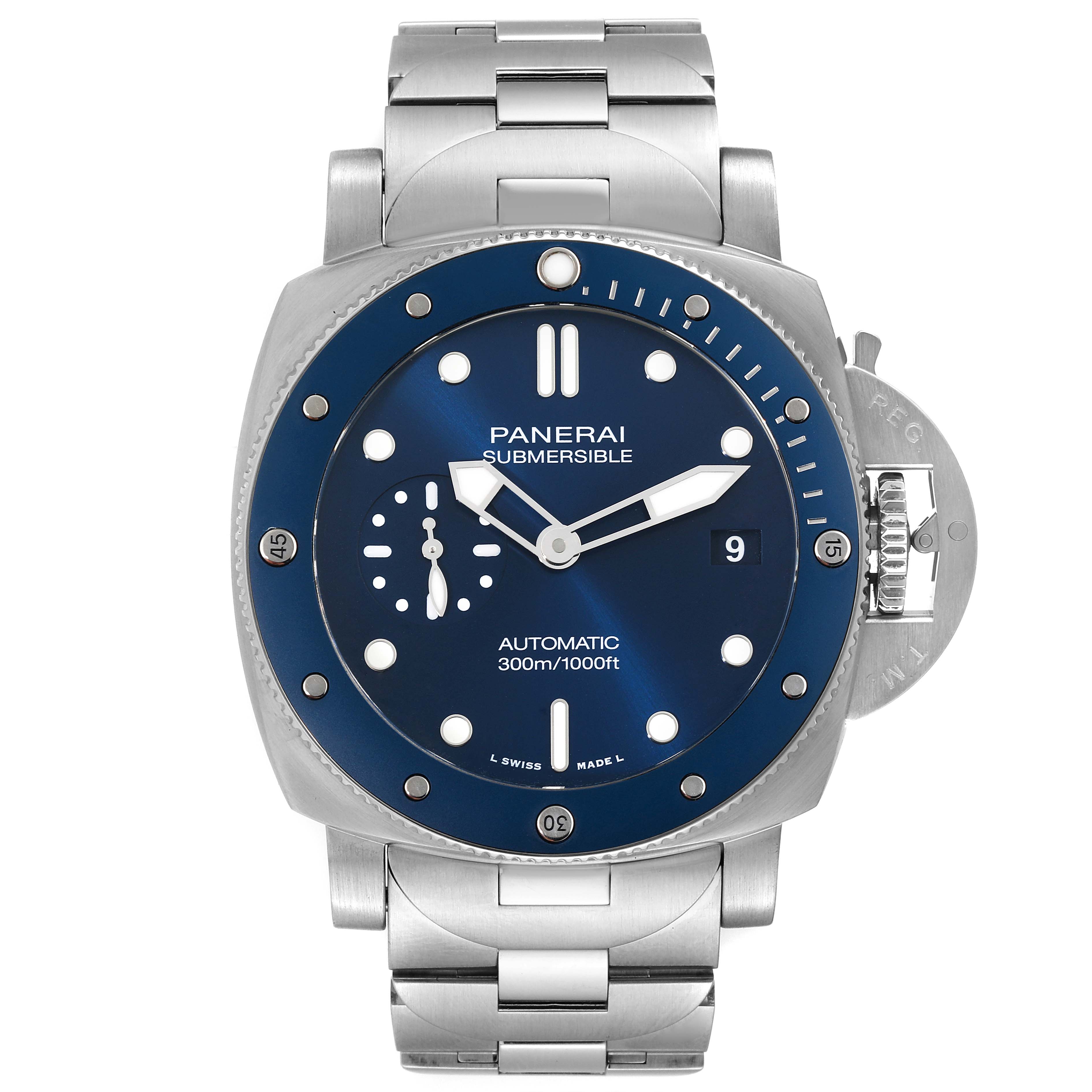 The image shows a frontal view of the Panerai Submersible PAM01068 Men's Stainless Steel Blue Dial PAM01068 Men's Stainless Steel Blue Dial watch, highlighting its blue dial, bezel, and stainless steel bracelet.