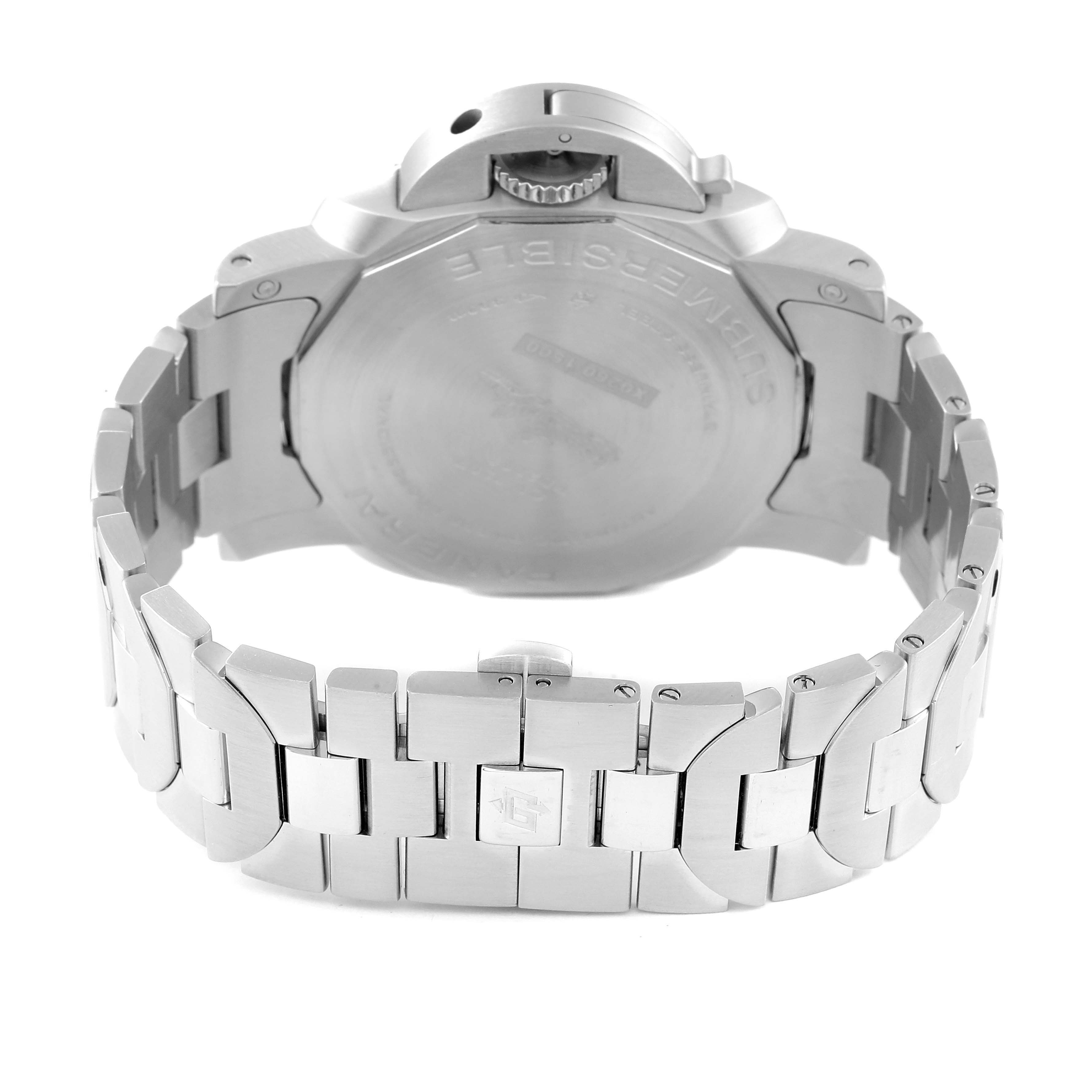 The image shows the back view of a Panerai Submersible PAM01068 Men's Stainless Steel Blue Dial PAM01068 Men's Stainless Steel Blue Dial watch, highlighting the case back and metal bracelet.