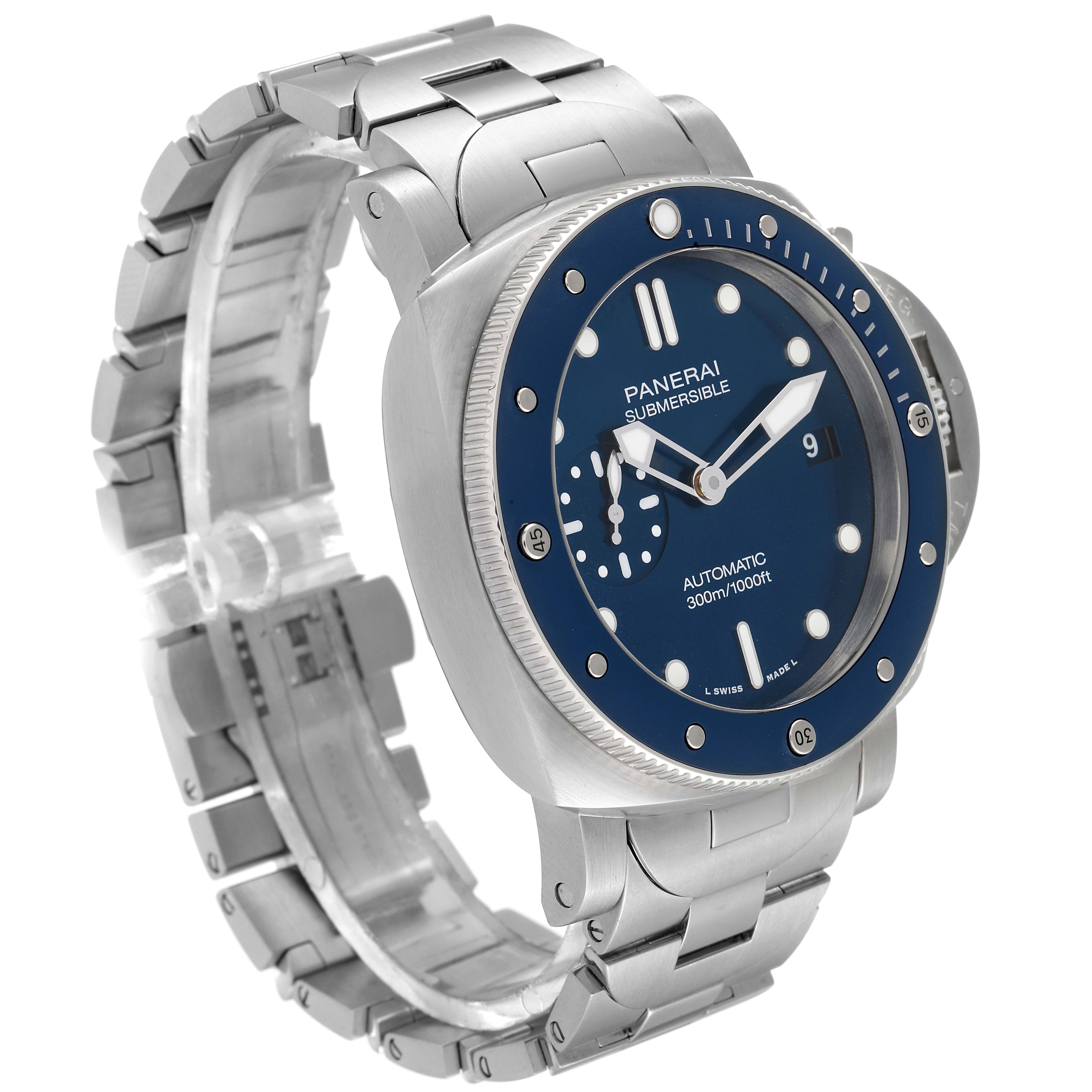 The image shows a Panerai Submersible PAM01068 Men's Stainless Steel Blue Dial PAM01068 Men's Stainless Steel Blue Dial watch at an angle highlighting its blue dial, bezel, and metal bracelet.