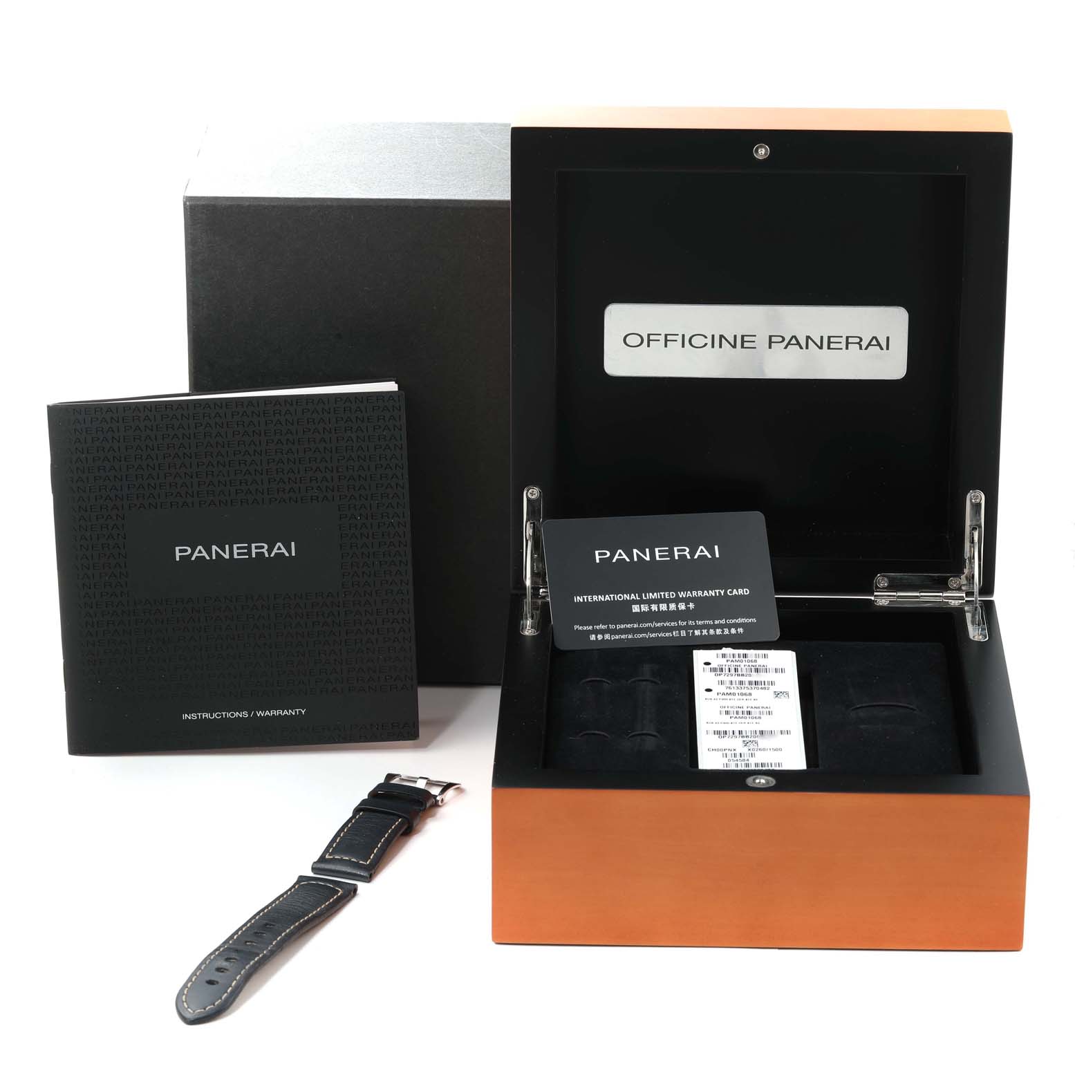 The image shows a Panerai Submersible PAM01068 Men's Stainless Steel Blue Dial PAM01068 Men's Stainless Steel Blue Dial model with its open box, instruction manual, warranty card, and additional strap.