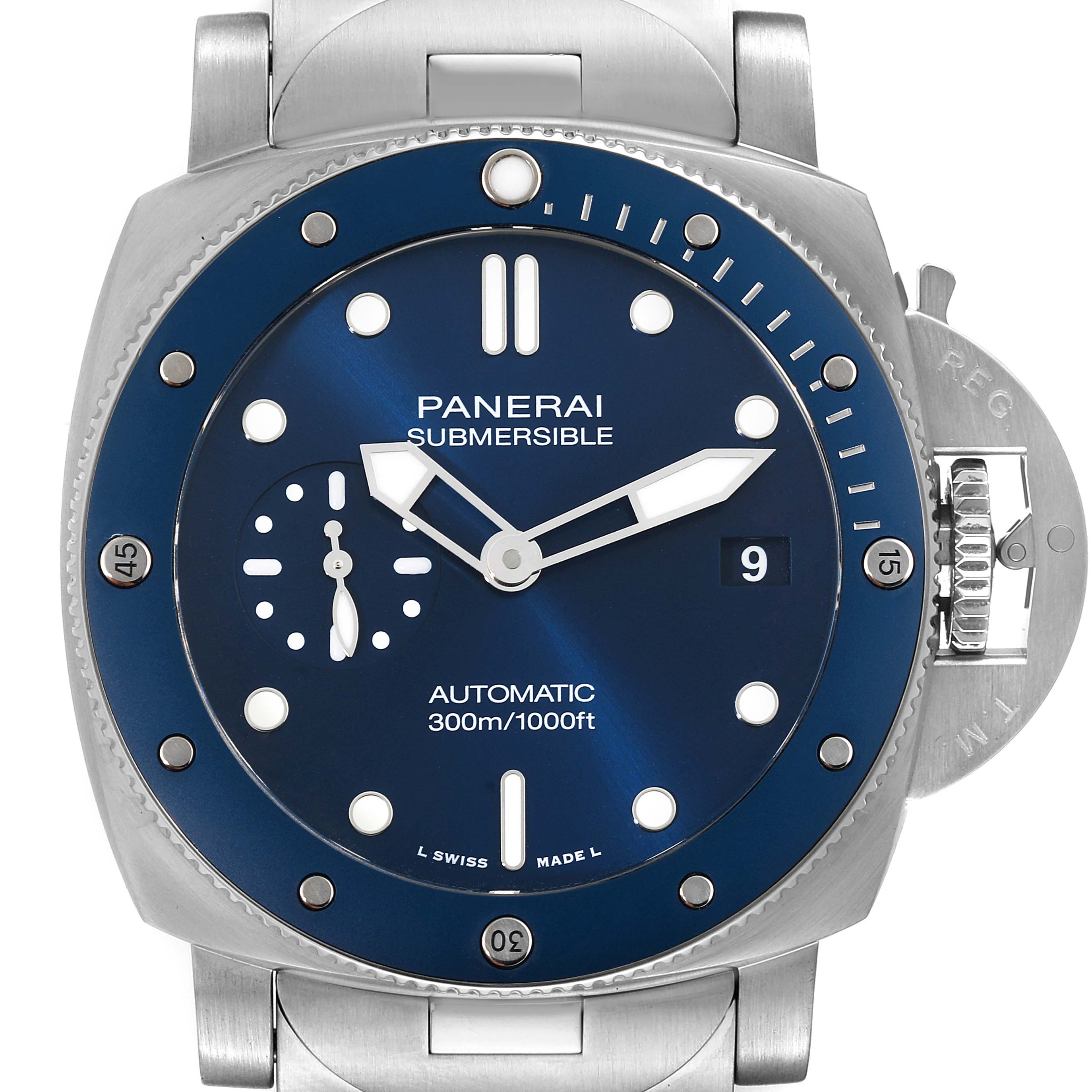 The image shows a front view of the Panerai Submersible PAM01068 Men's Stainless Steel Blue Dial PAM01068 Men's Stainless Steel Blue Dial watch face, with blue dial, date window, and hour markers.