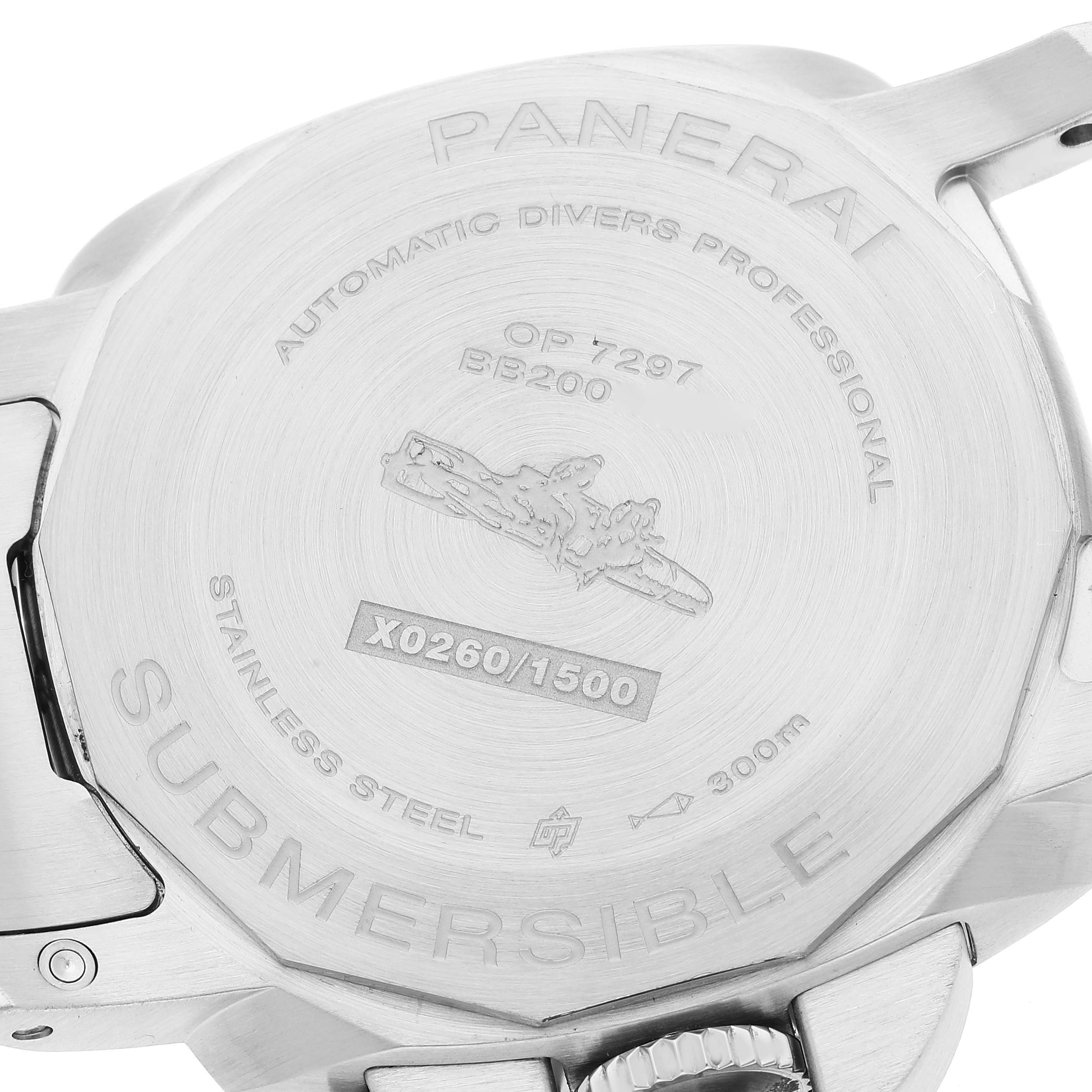 The image shows the case back of a Panerai Submersible PAM01068 Men's Stainless Steel Blue Dial PAM01068 Men's Stainless Steel Blue Dial watch at a slight angle, highlighting the engravings and crown.