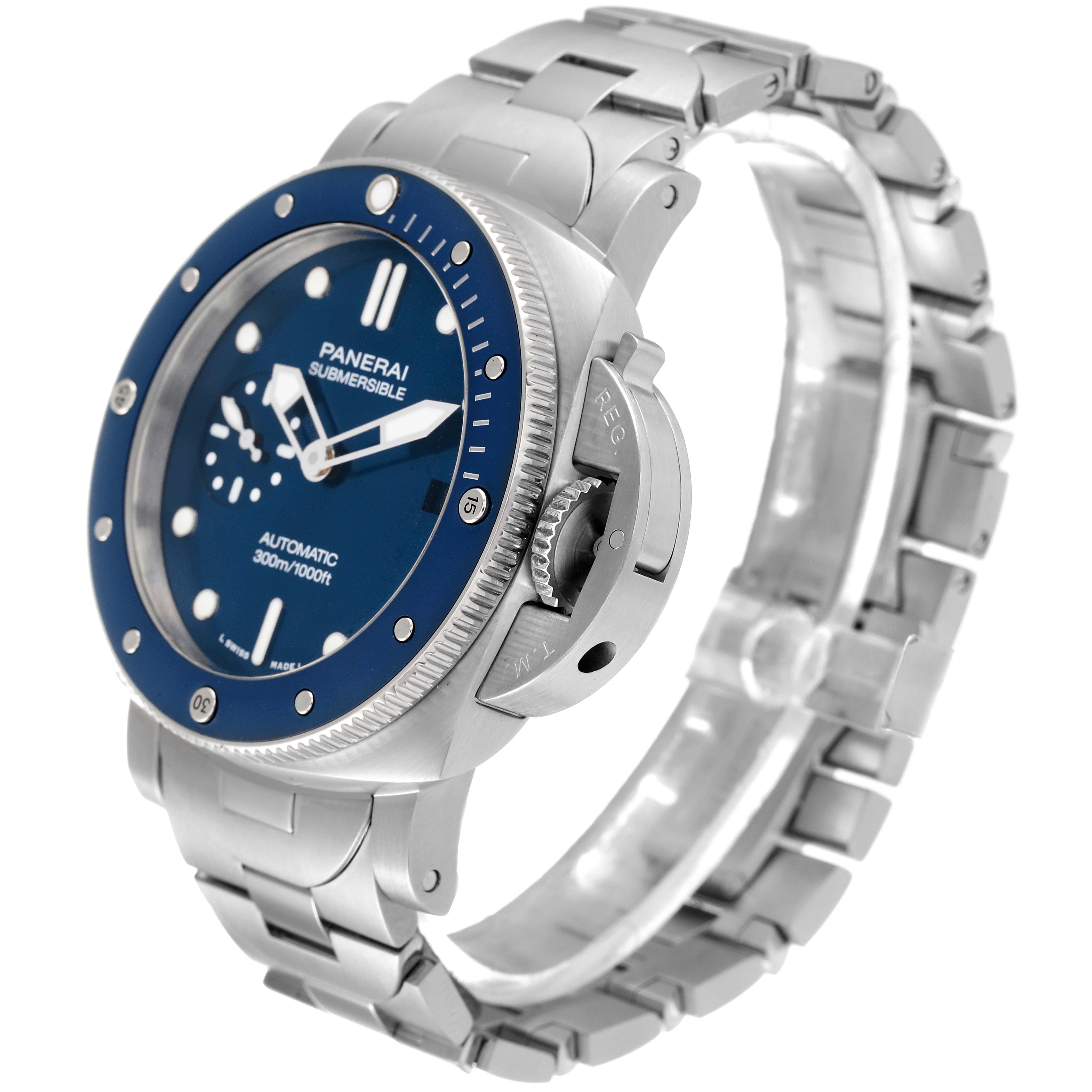 The image shows a Panerai Submersible PAM01068 Men's Stainless Steel Blue Dial PAM01068 Men's Stainless Steel Blue Dial watch at a slight angle, highlighting the case, bezel, dial, and bracelet.