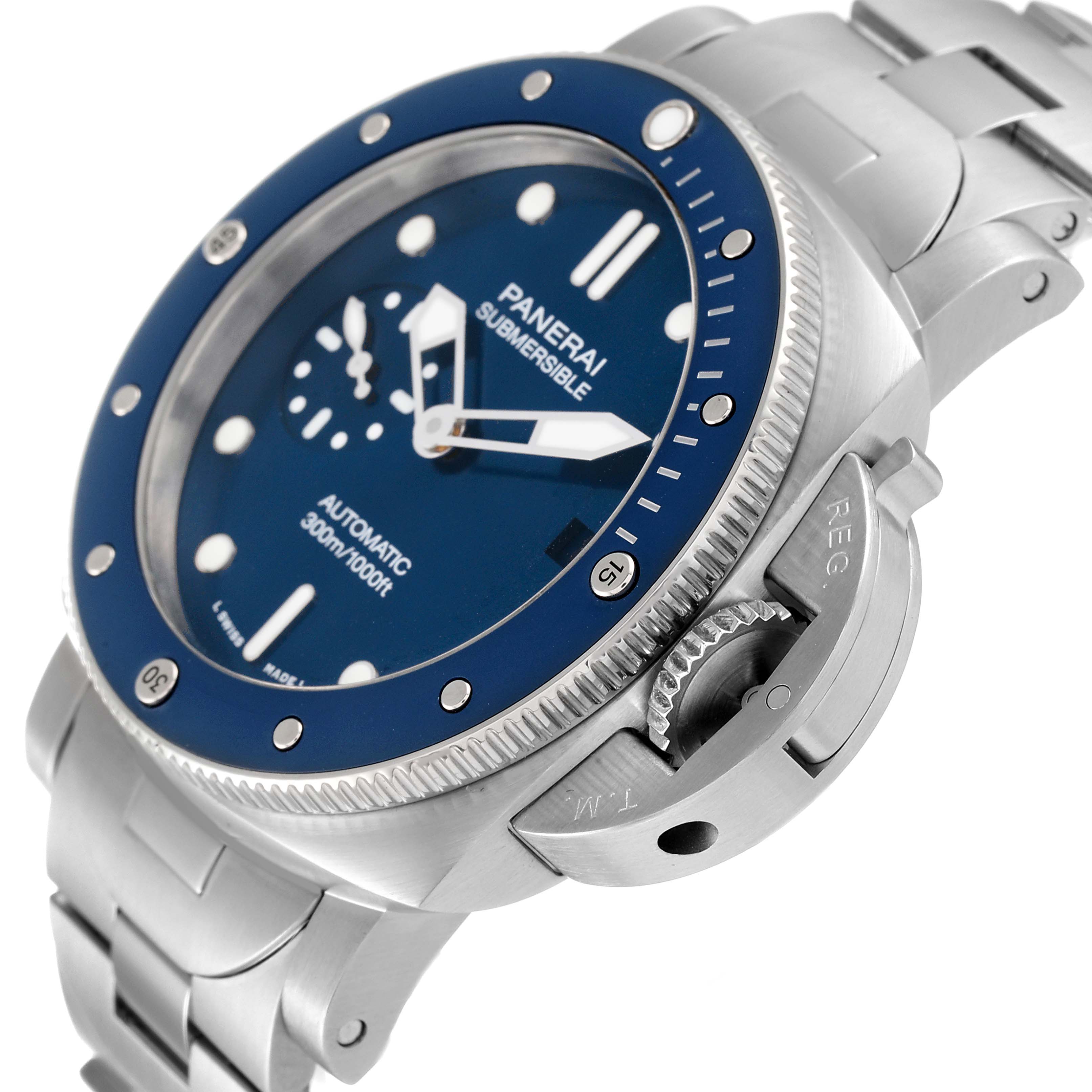 The image shows an angled close-up of the Panerai Submersible PAM01068 Men's Stainless Steel Blue Dial PAM01068 Men's Stainless Steel Blue Dial watch, highlighting its face, bezel, and part of the bracelet.