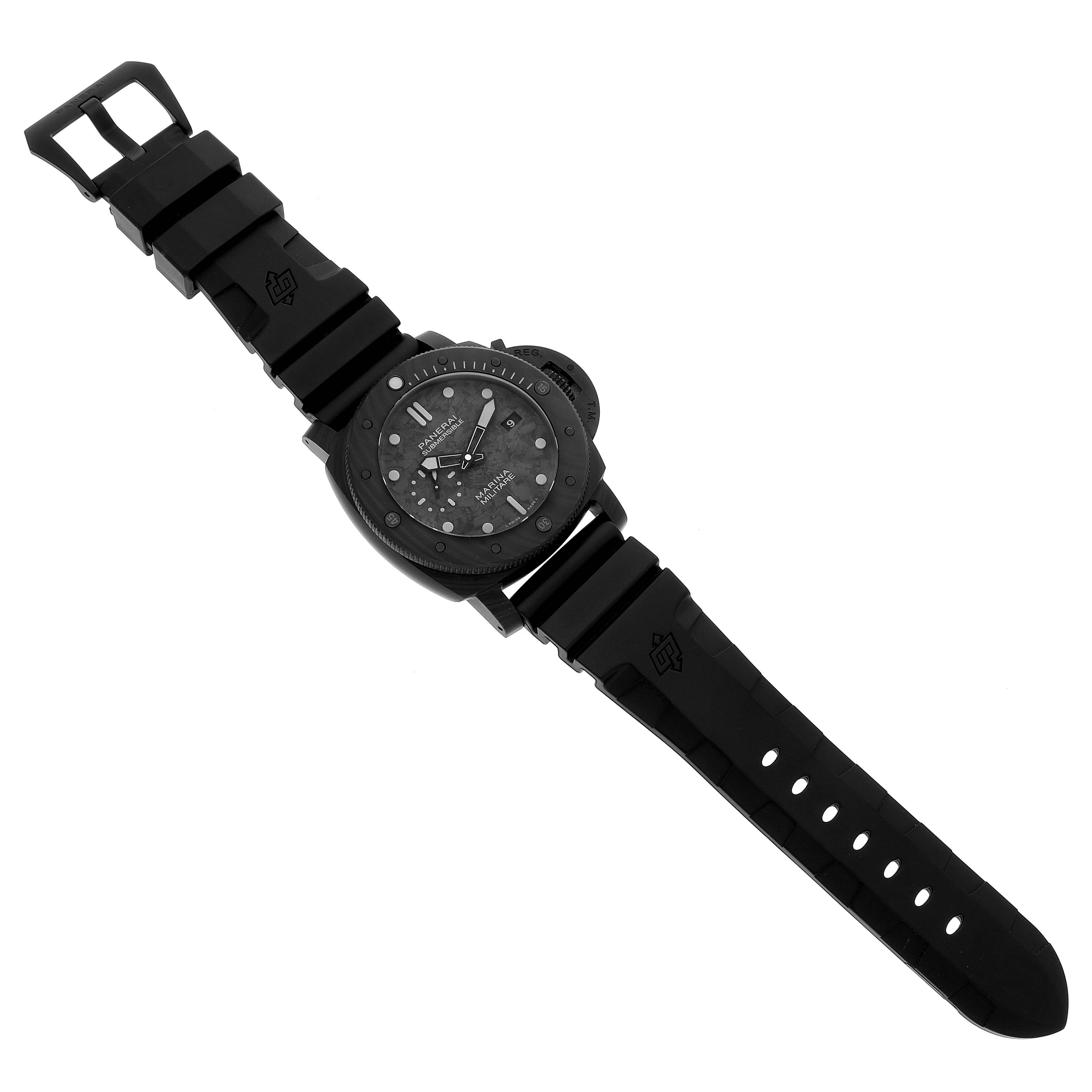 The Panerai Submersible PAM00979 Men's Ceramic Grey Dial PAM00979 Men's Ceramic Grey Dial watch is shown from above, displaying its dial, bezel, and rubber strap.